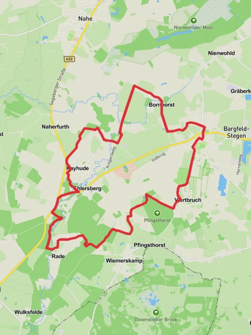 An image depicting the trail Bargfeld and Kayhude Loop and its surrounding area.