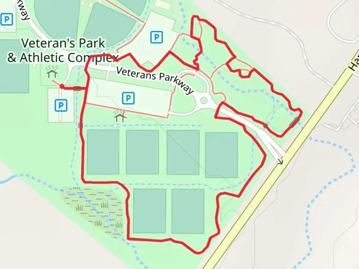 An image depicting the trail Veteran's Park and Athletic Complex Loop - South and its surrounding area.