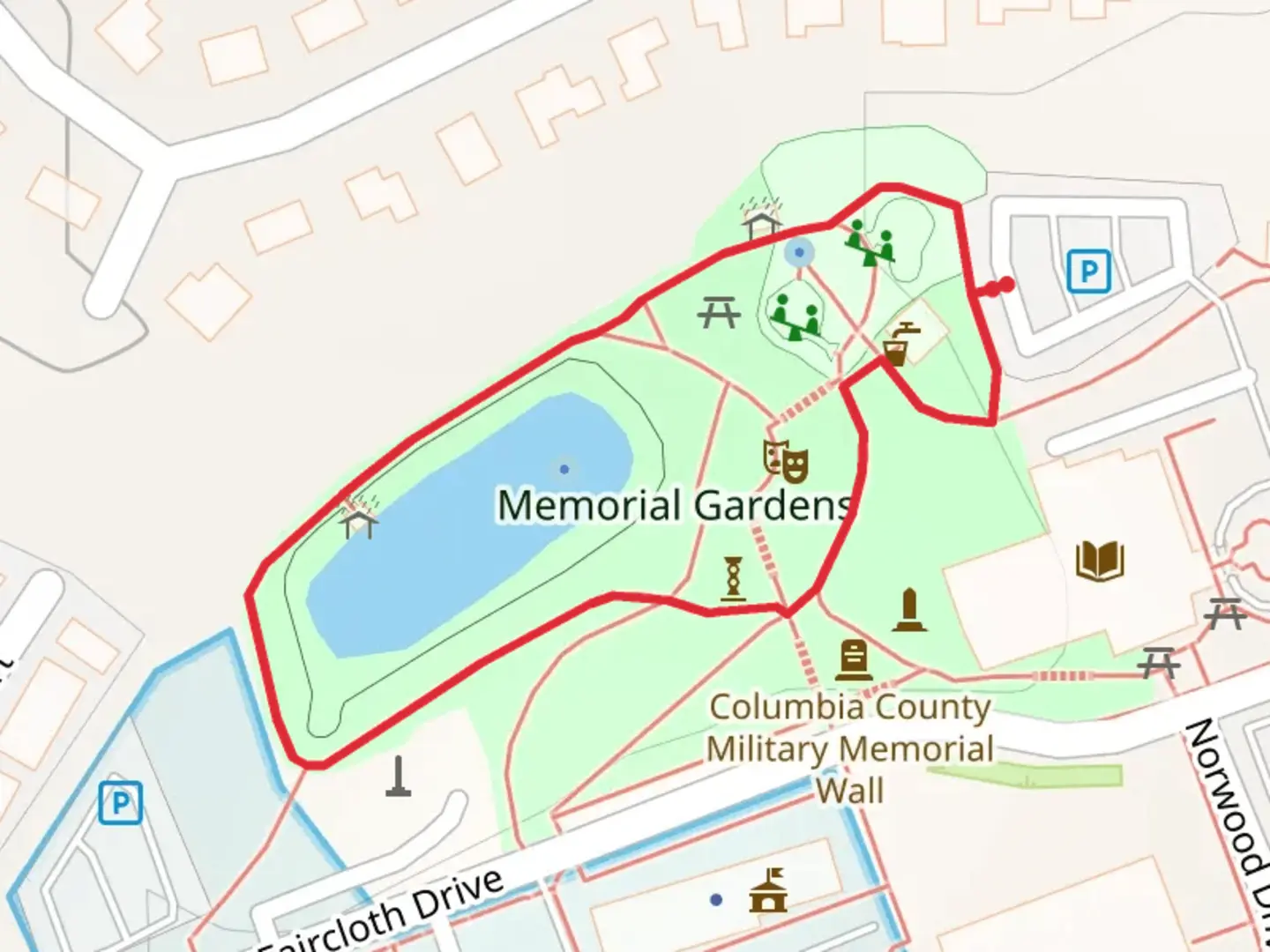An image depicting the trail Memorial Gardens Loop and its surrounding area.