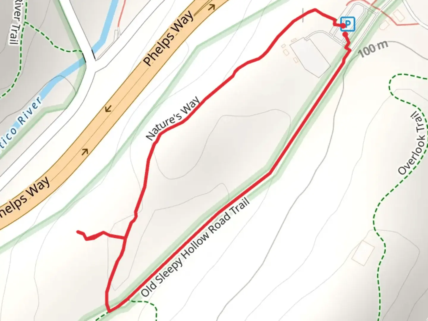 An image depicting the trail Nature's Way and Old Sleepy Hollow Road Trail Loop and its surrounding area.