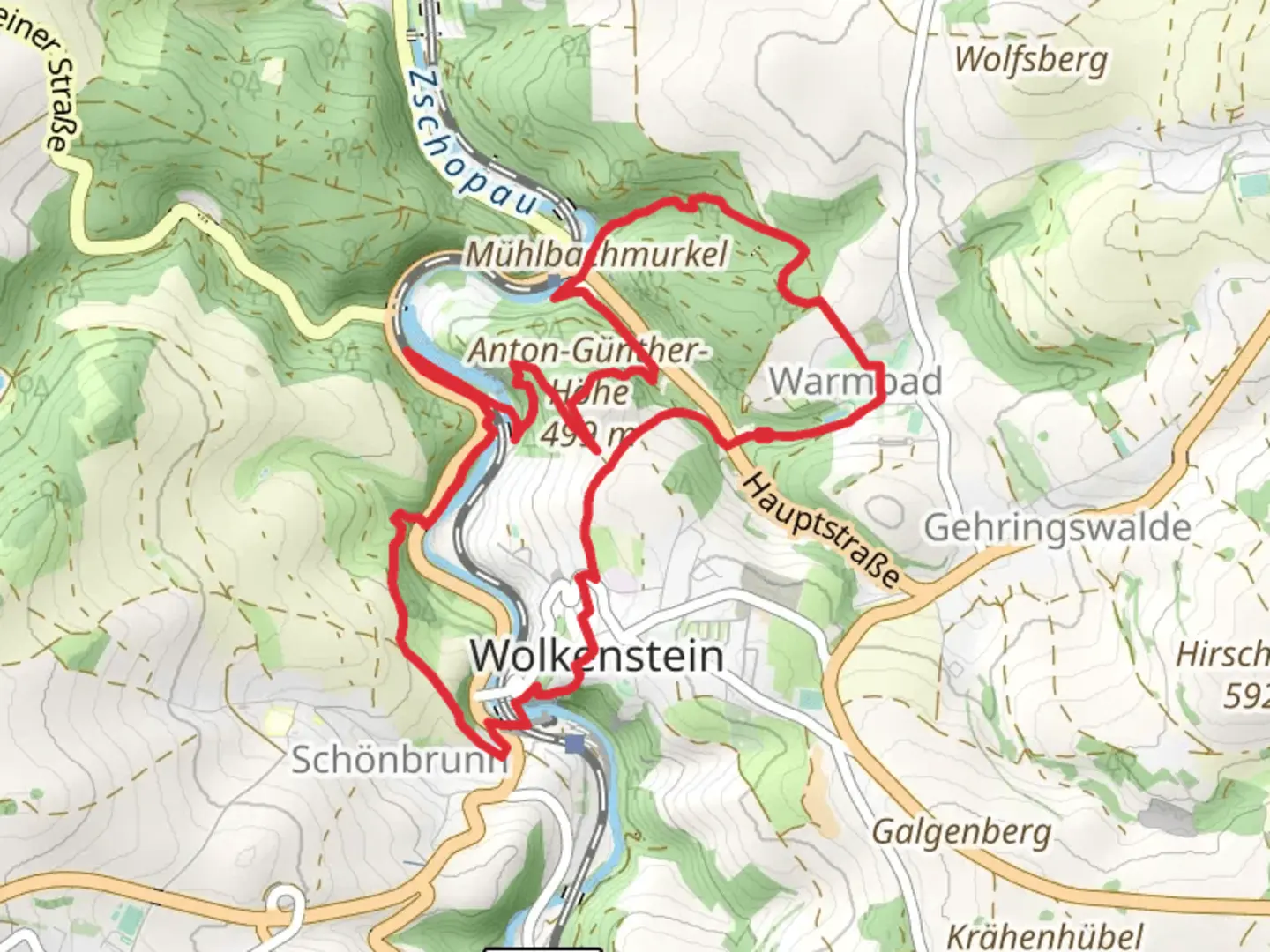 An image depicting the trail Anton-Guenther via Grosser Rundweg Wolkenstein and Huettenmuehlenstrasse and its surrounding area.
