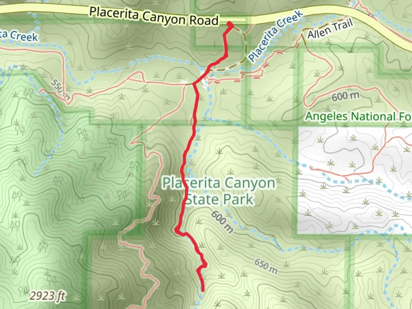 An image depicting the trail Waterfall Trail from Placerita Canyon Road and its surrounding area.
