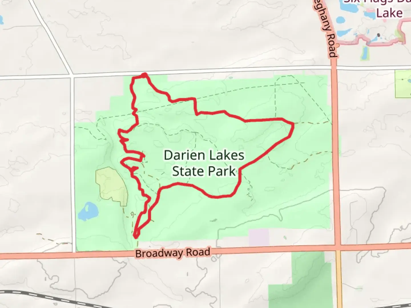 An image depicting the trail Darien Lakes State Park Loop Trail and its surrounding area.