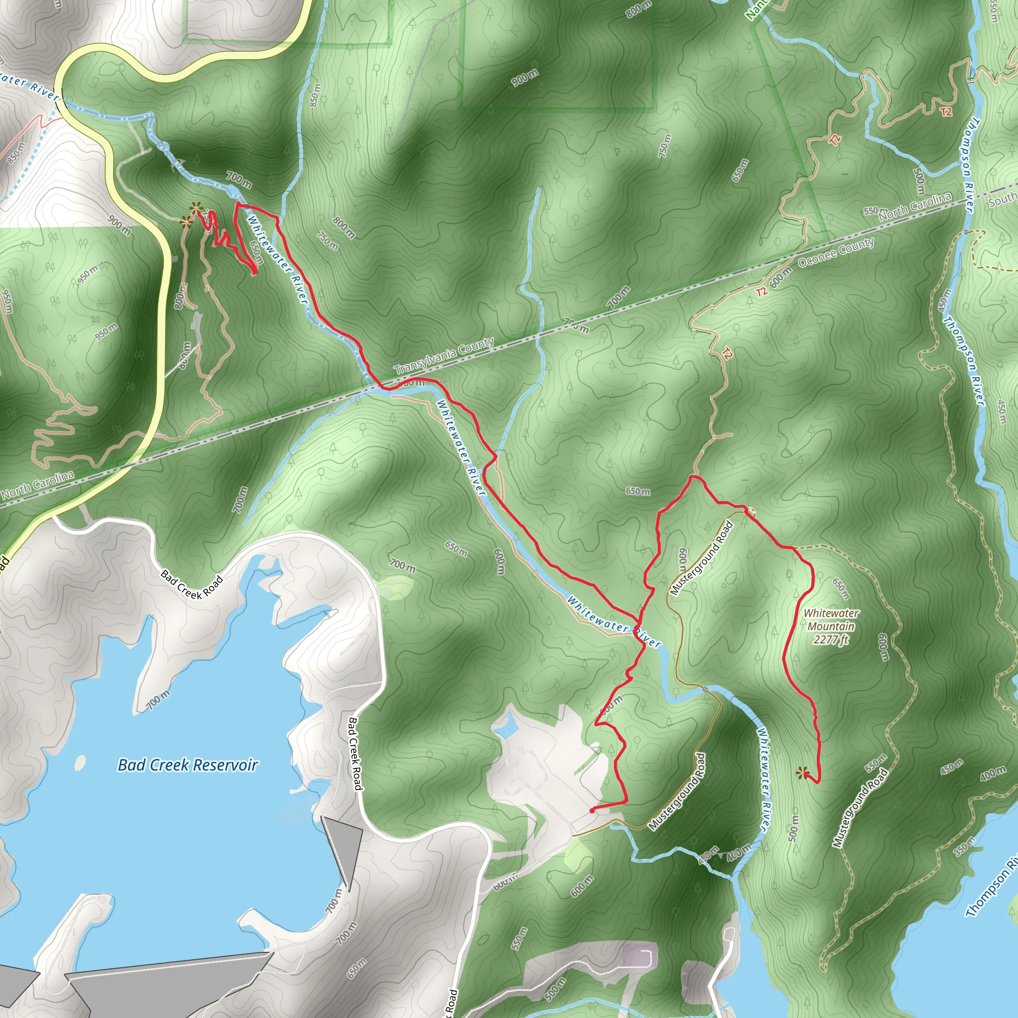 Lower Whitewater Falls Trail and Foothills Trail mobile static map