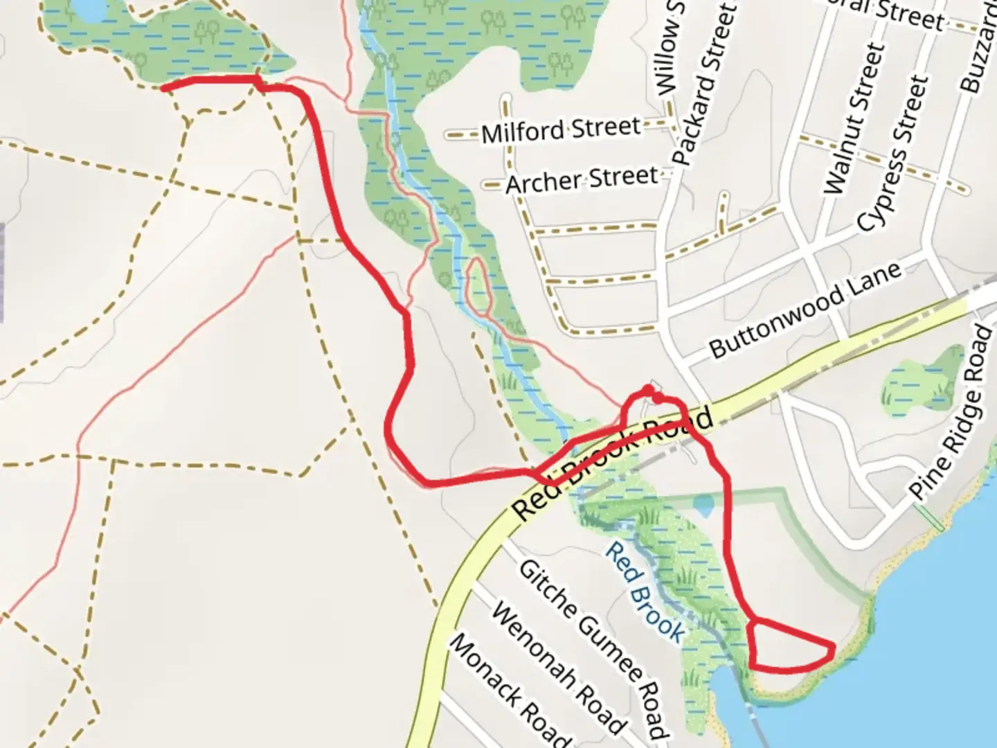 An image depicting the trail Lyman Reserve from Red Brook Road and its surrounding area.
