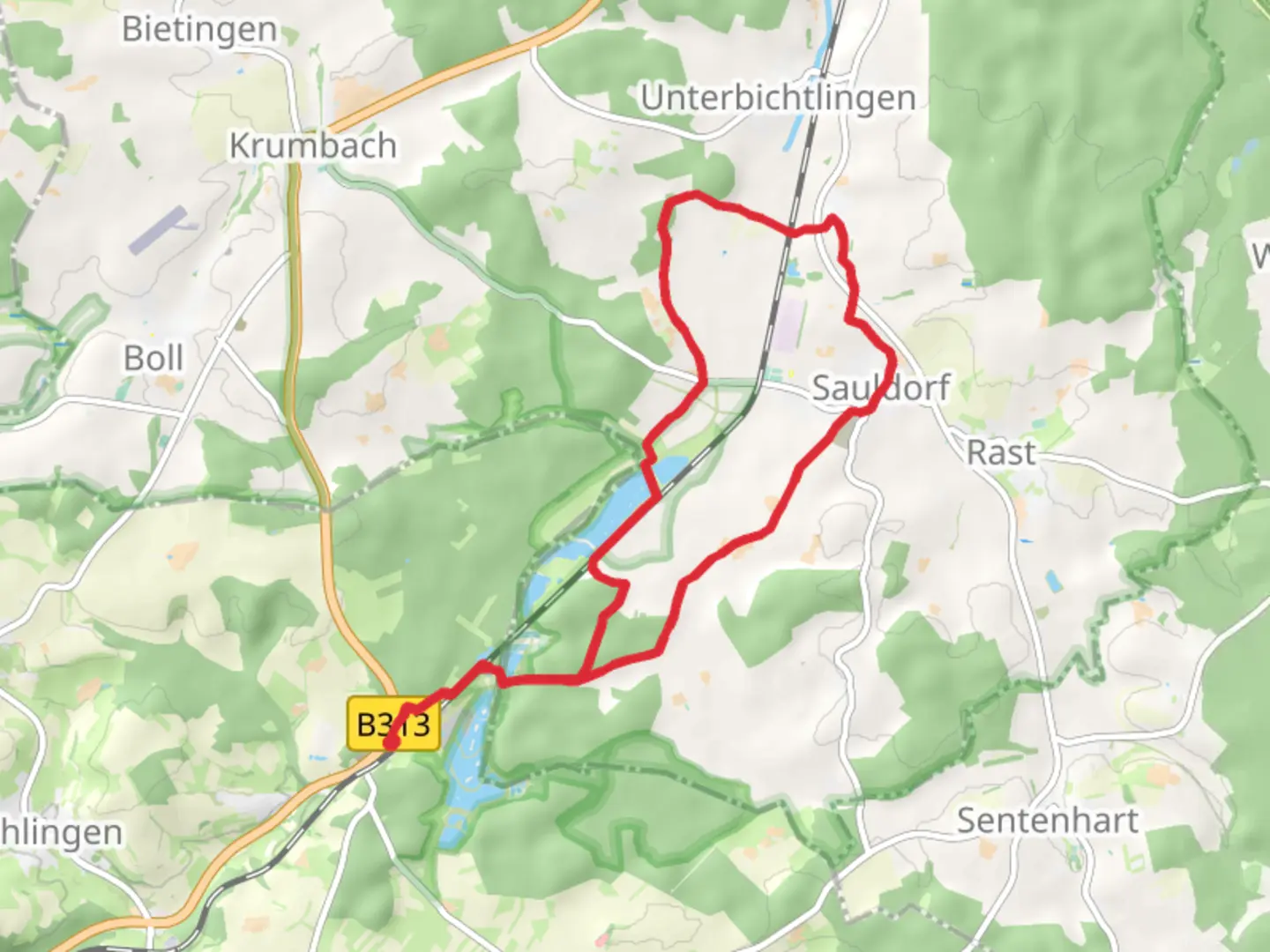 An image depicting the trail Schwackenreute and Sauldorf Loop via Sauldorfer Baggerseen and its surrounding area.