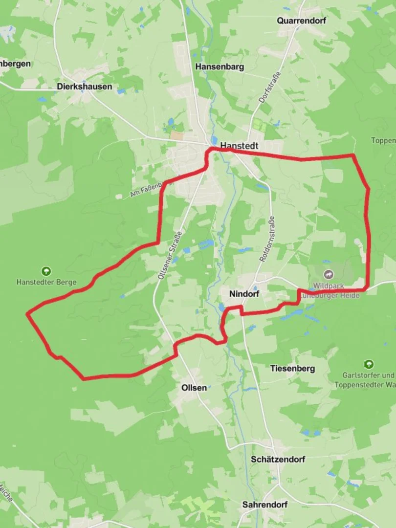 An image depicting the trail Hanstedt and Nindorf Loop and its surrounding area.