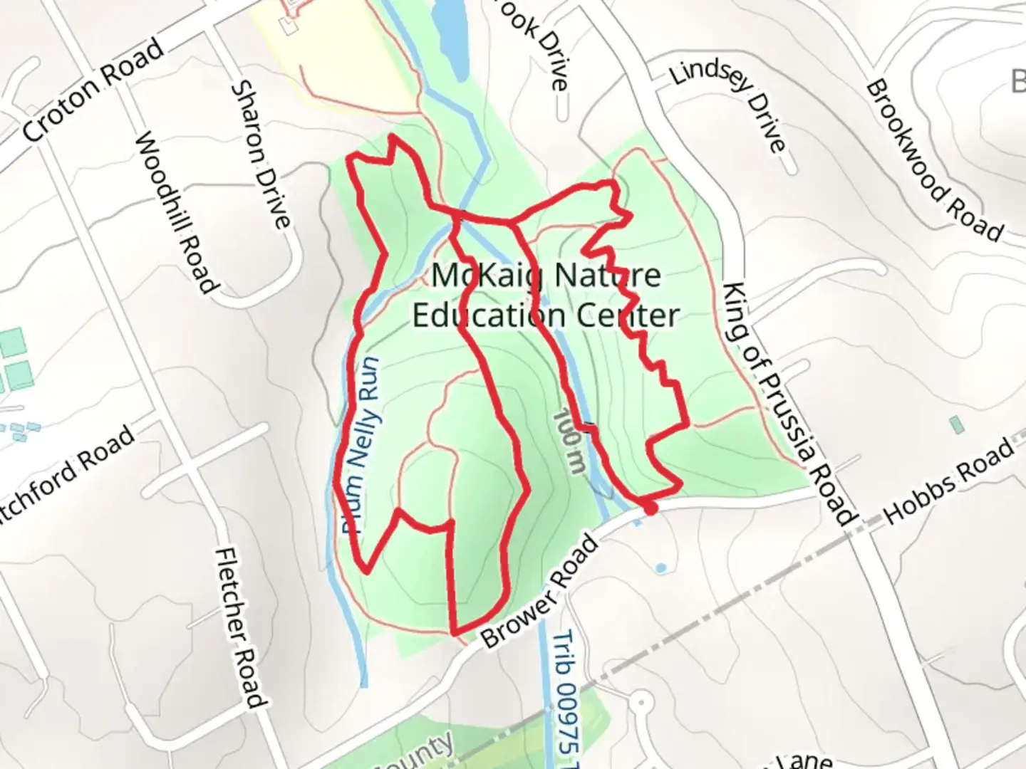An image depicting the trail Boxwood Hill, Lang Trail Yellow and Pretty Trail Brown Loop and its surrounding area.
