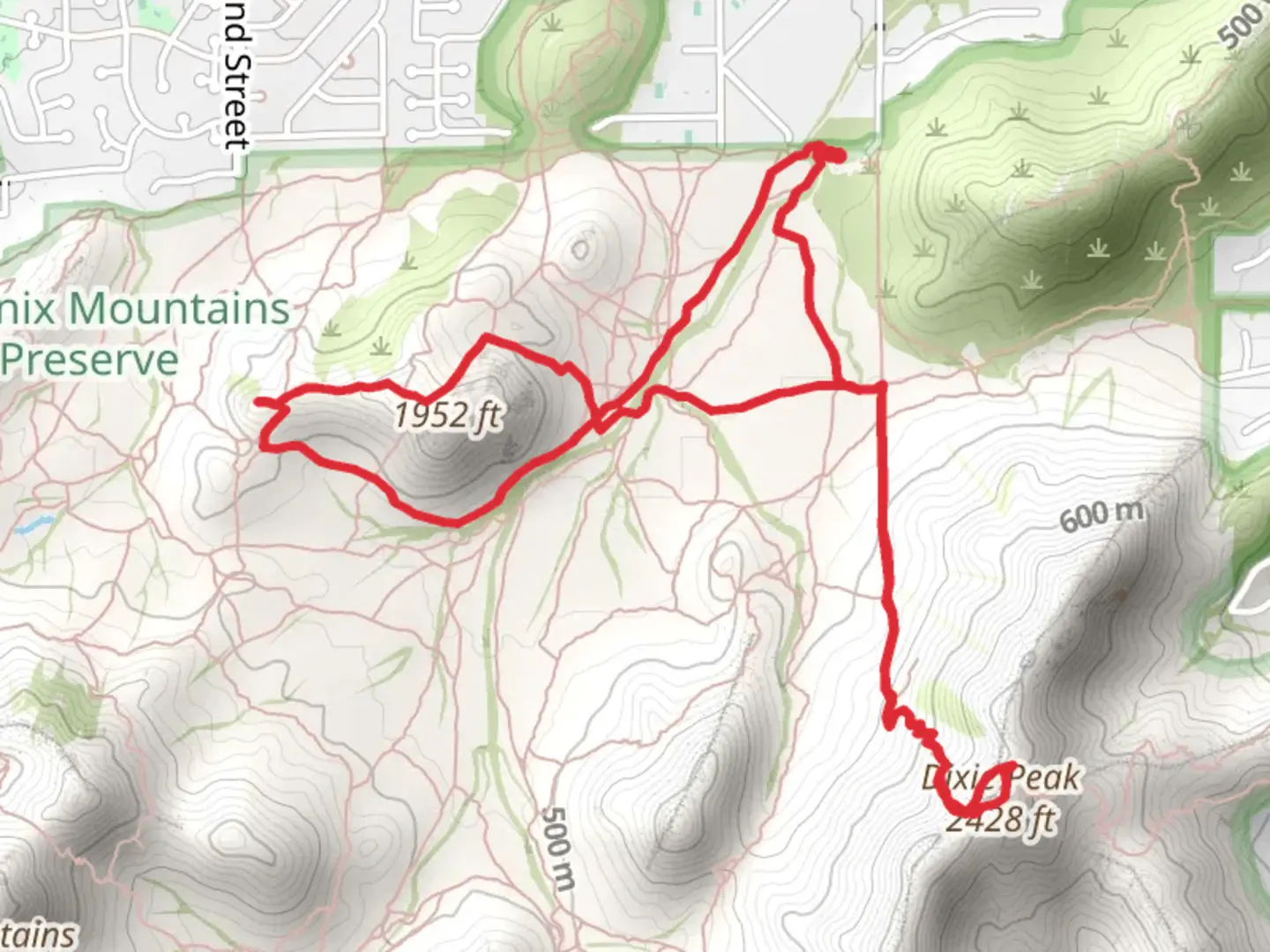 An image depicting the trail Dixie Peak via LV Yates Trail and Rattle Saddle Loop Trail and its surrounding area.