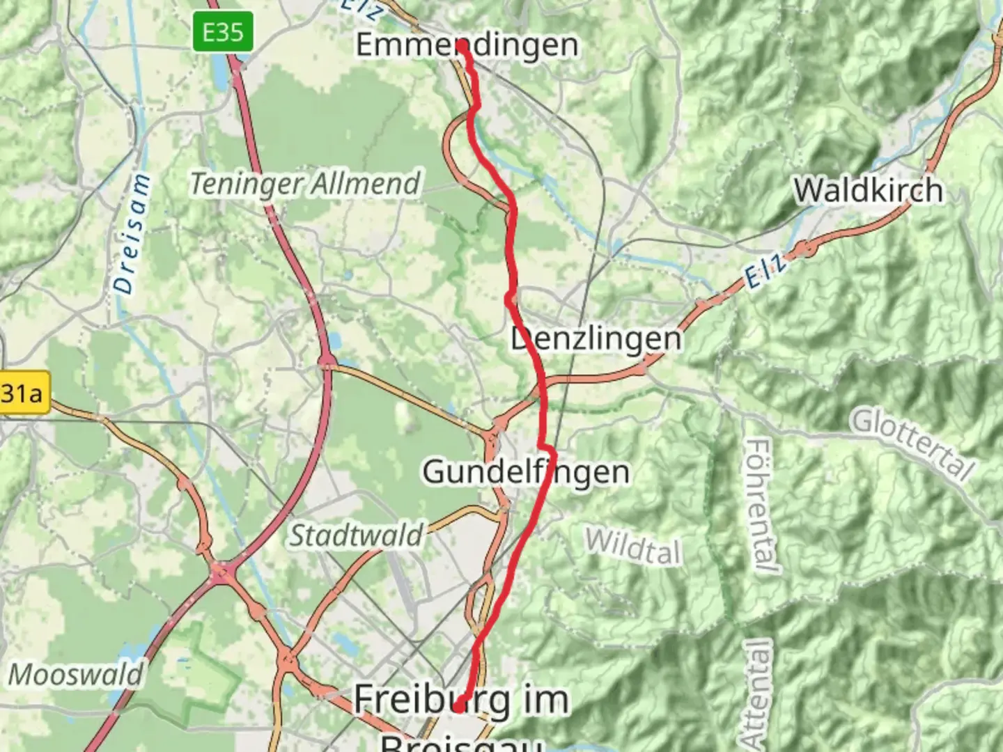 An image depicting the trail Freiburg Hauptbahnhof to Emmendingen Walk and its surrounding area.