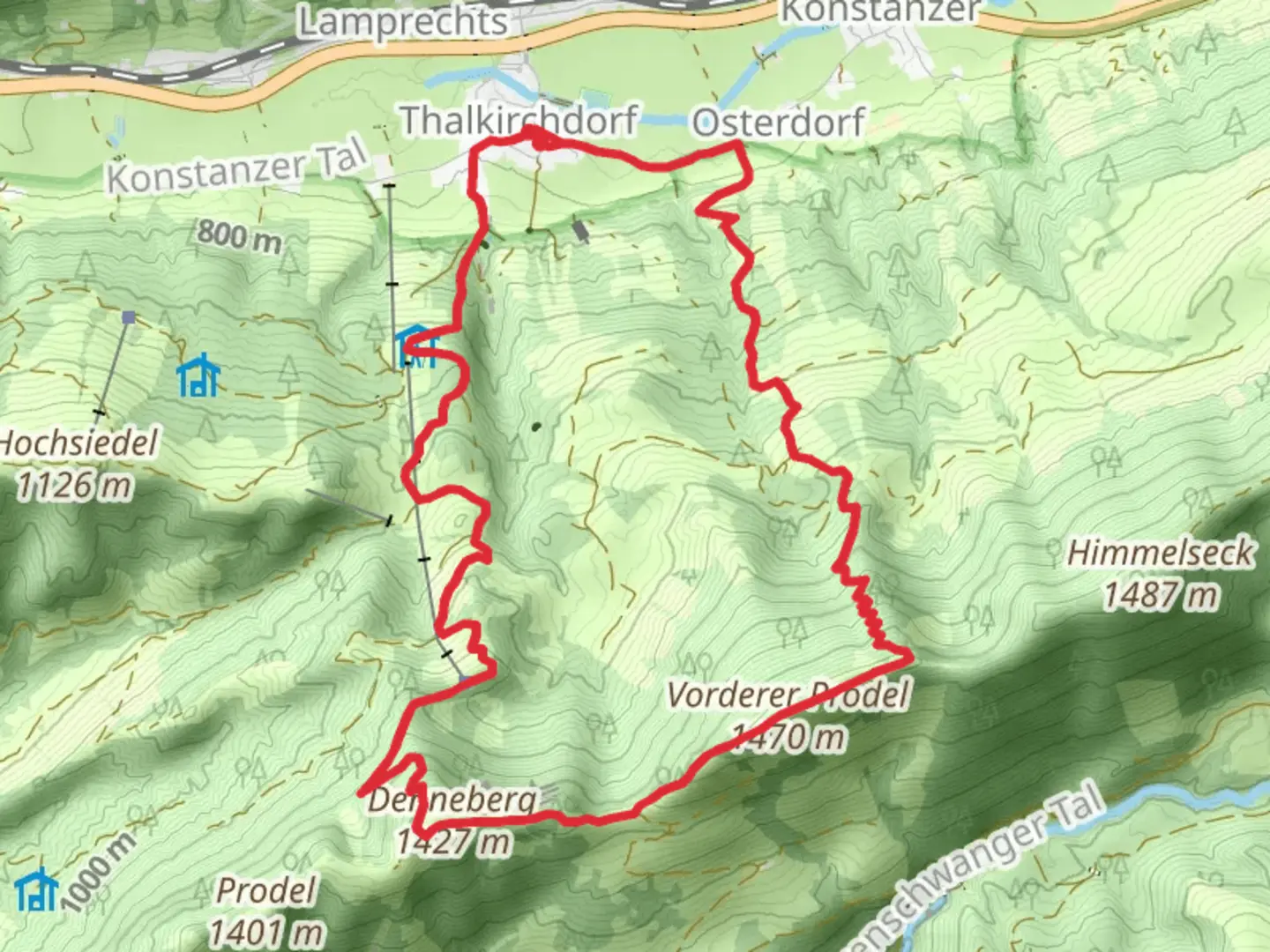 An image depicting the trail Wandergebiet Oberstaufen and Himmeleck Trail and its surrounding area.