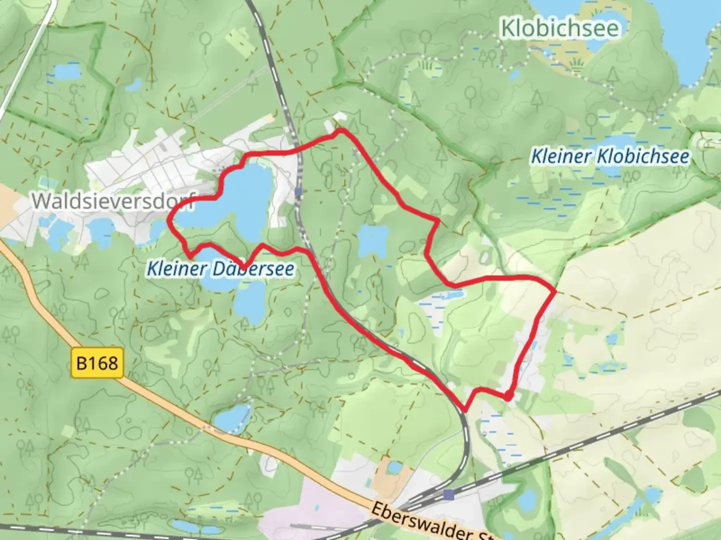 An image depicting the trail Großer Däbersee, Kleiner Däbersee and Papillensee via Gelber Balken and Roter Balken and its surrounding area.