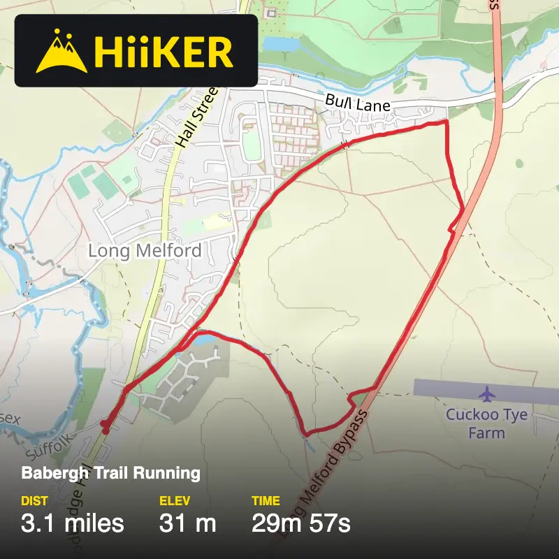 A map preview of the recording Babergh Trail Running.