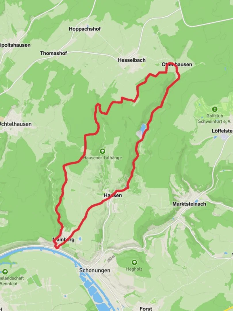 An image depicting the trail Mainberg and Hesselbach Loop via NSG Hausener Talhange and its surrounding area.