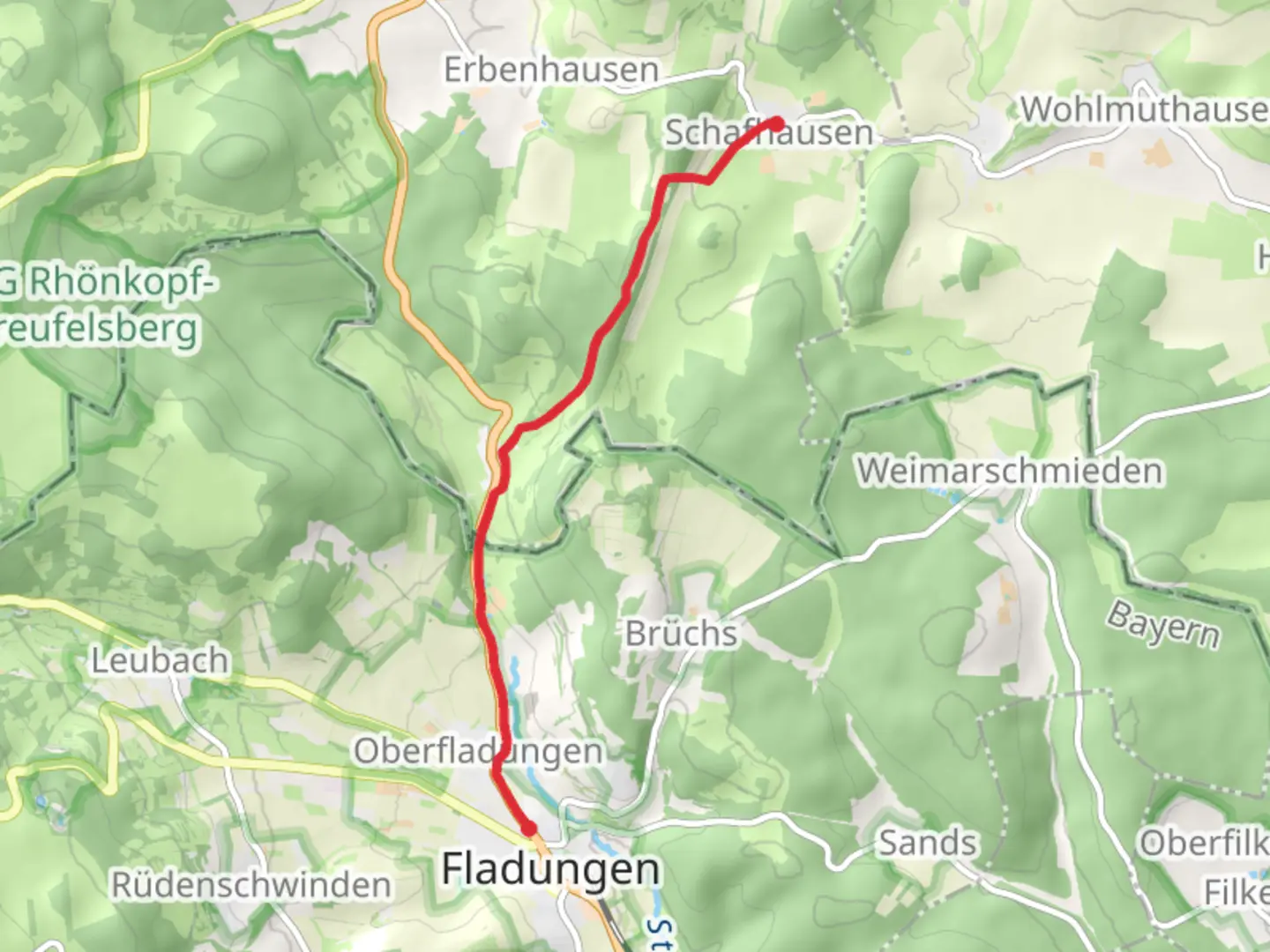 An image depicting the trail Schafhausen to Fladungen Walk via Grenzübergangsstelle 1990 and its surrounding area.