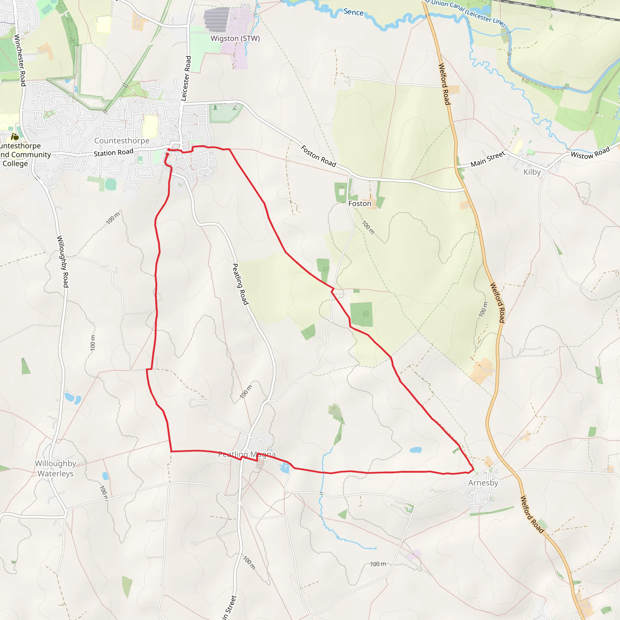 Peatling Magna and Arnesby from Countesthorpe mobile static map