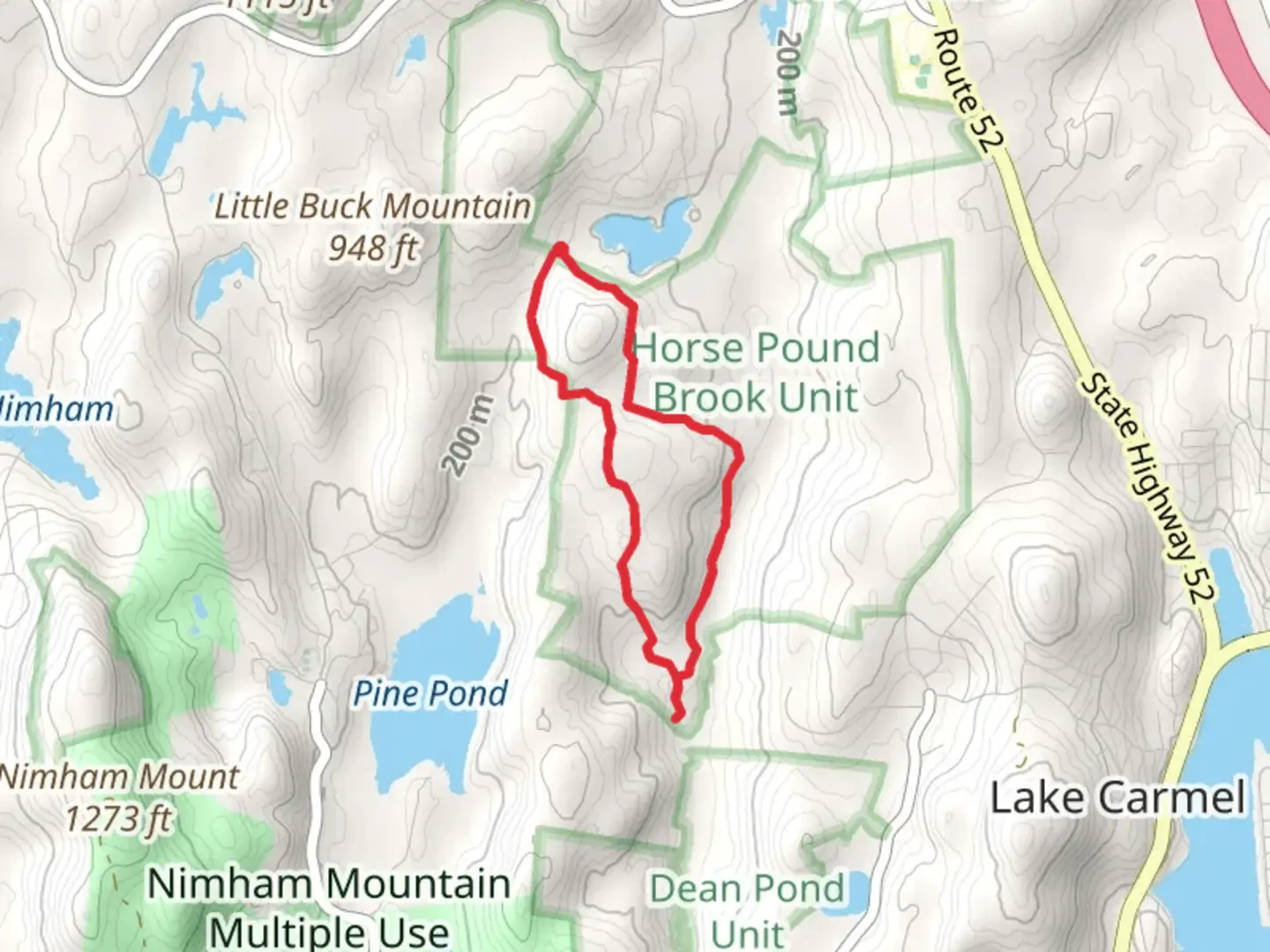 An image depicting the trail Hawk Rock Trail and Horse Pound Brook Trail Loop and its surrounding area.