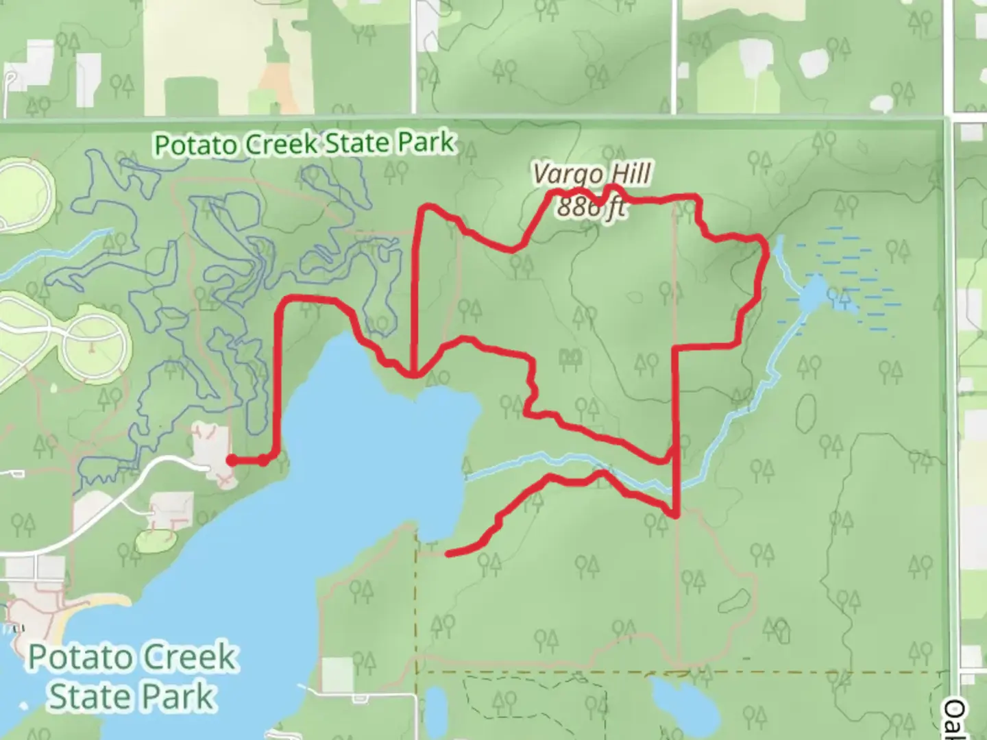 An image depicting the trail Varge Hill via Trail 1 Trail, 2 and 4 Loop and its surrounding area.