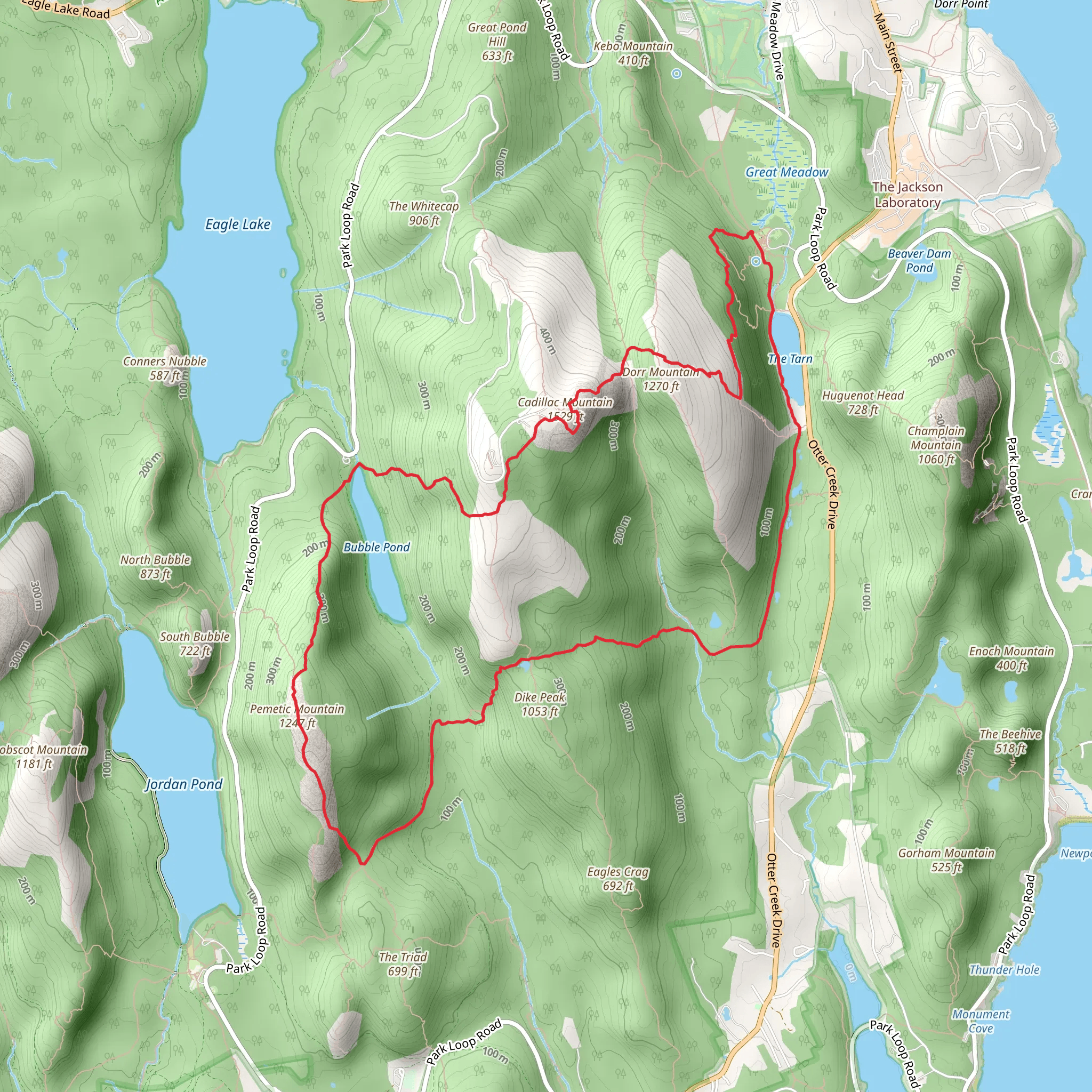 Dorr Mountain, Cadillac Mountain and Pemetic Mountain Loop via Canon Brook mobile static map