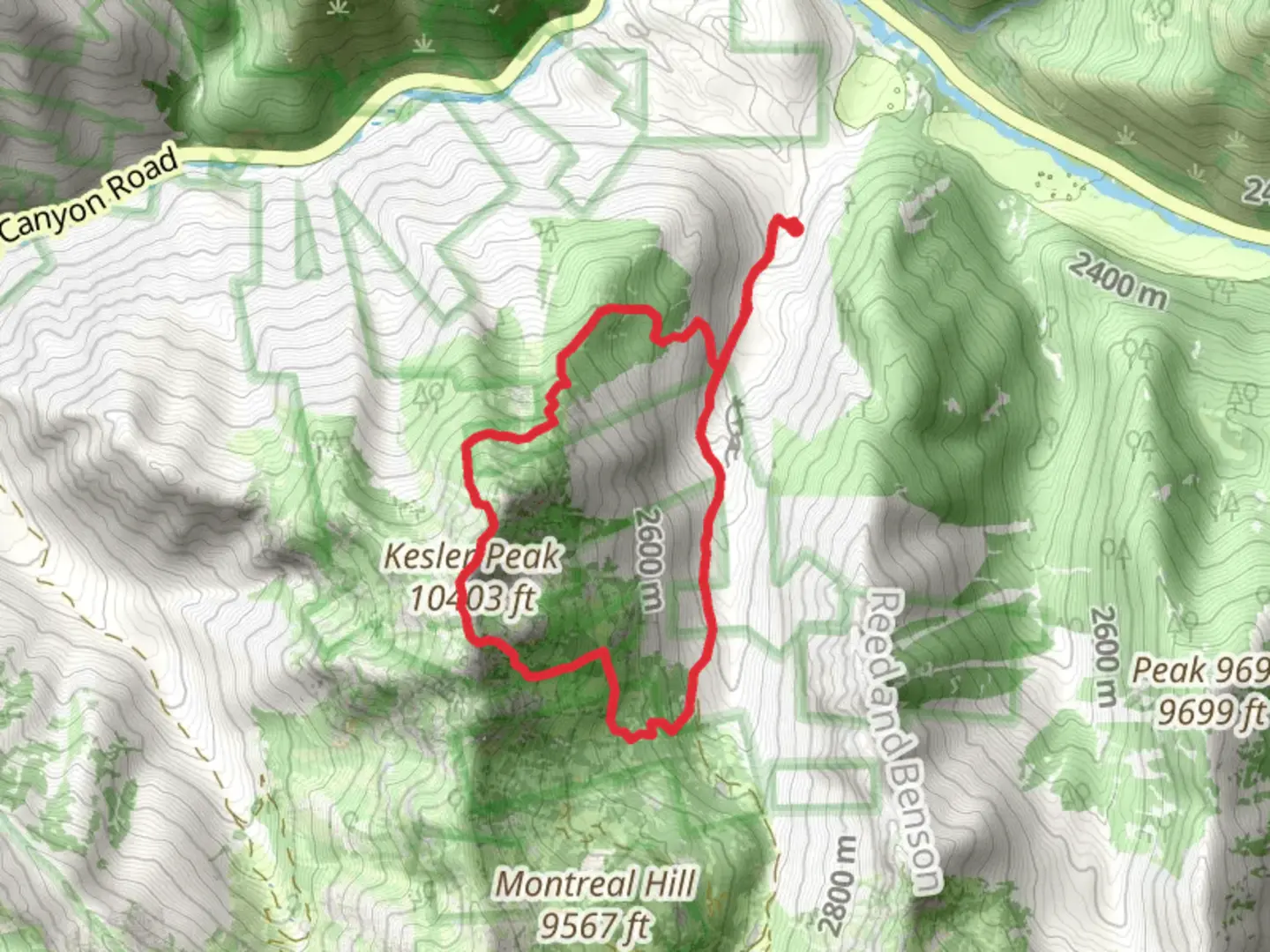 An image depicting the trail Kesler Peak Trail and Relsek Trail and its surrounding area.