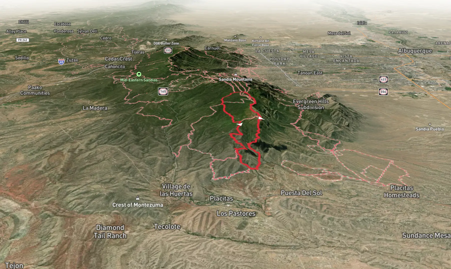 An image depicting the trail Arroyo Agya Sarca and North Crest Trail and its surrounding area.