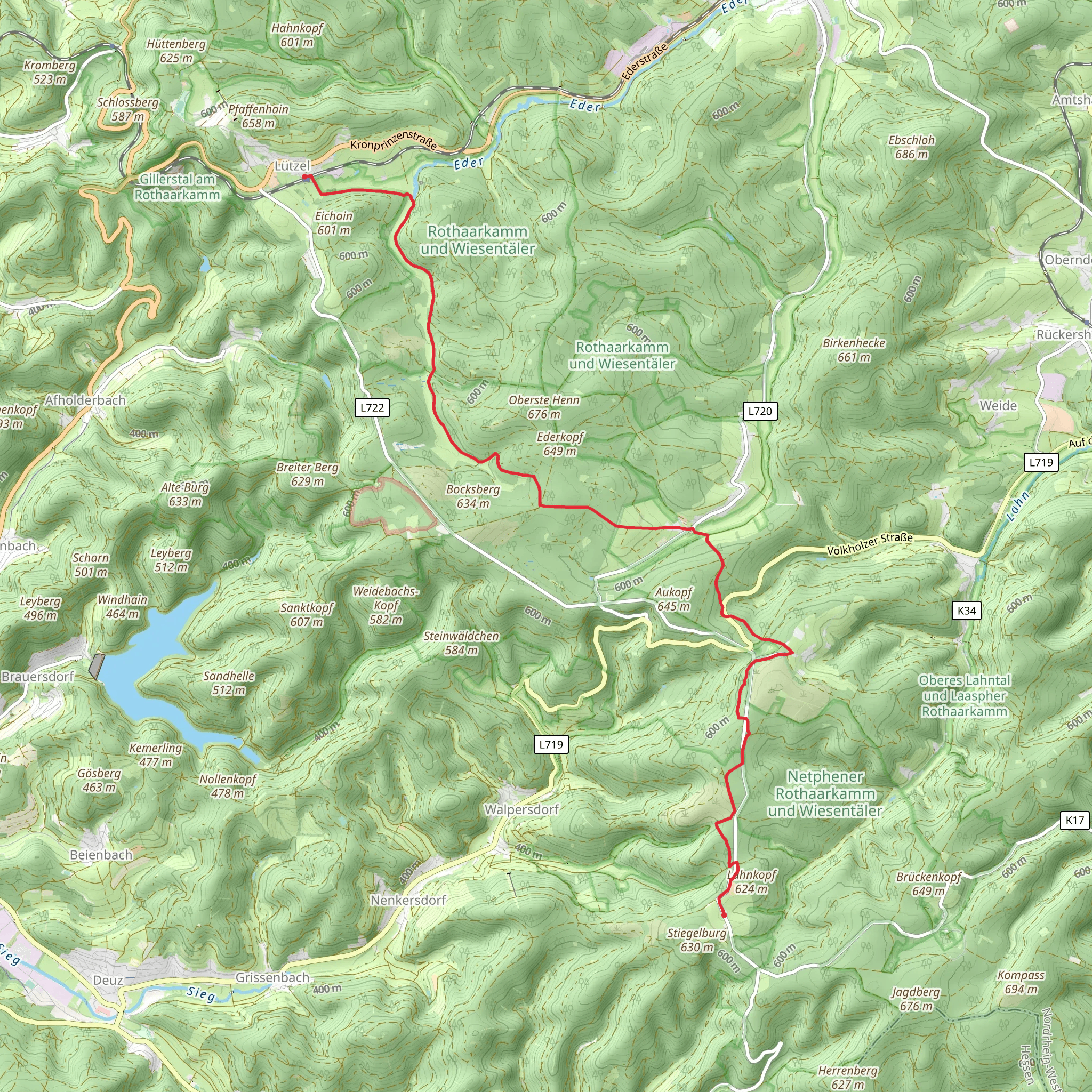 Lützel to Lahnquellteich Walk via Rothaarsteig mobile static map