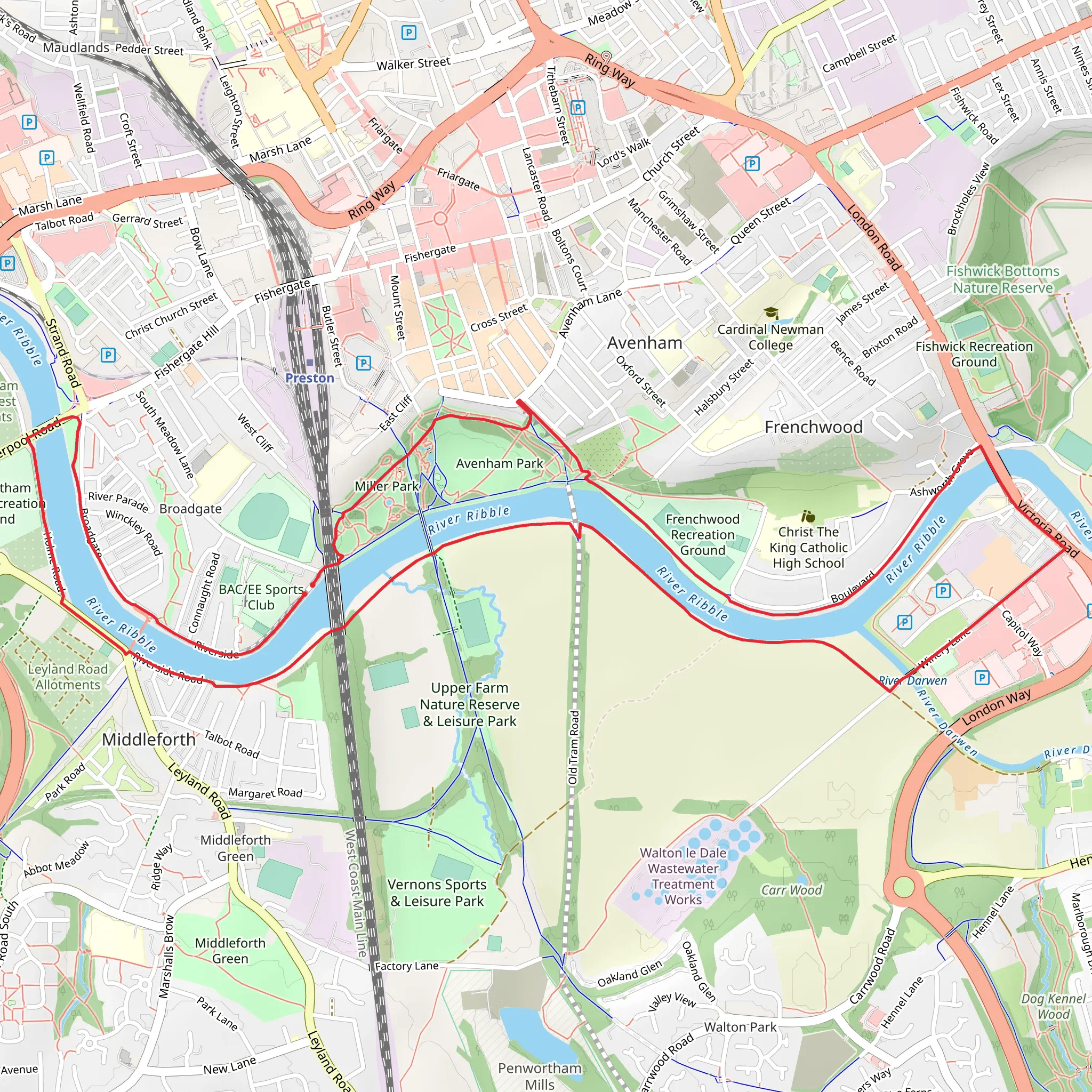 Avenham Park and Penwortham New Bridge via River Ribble mobile static map
