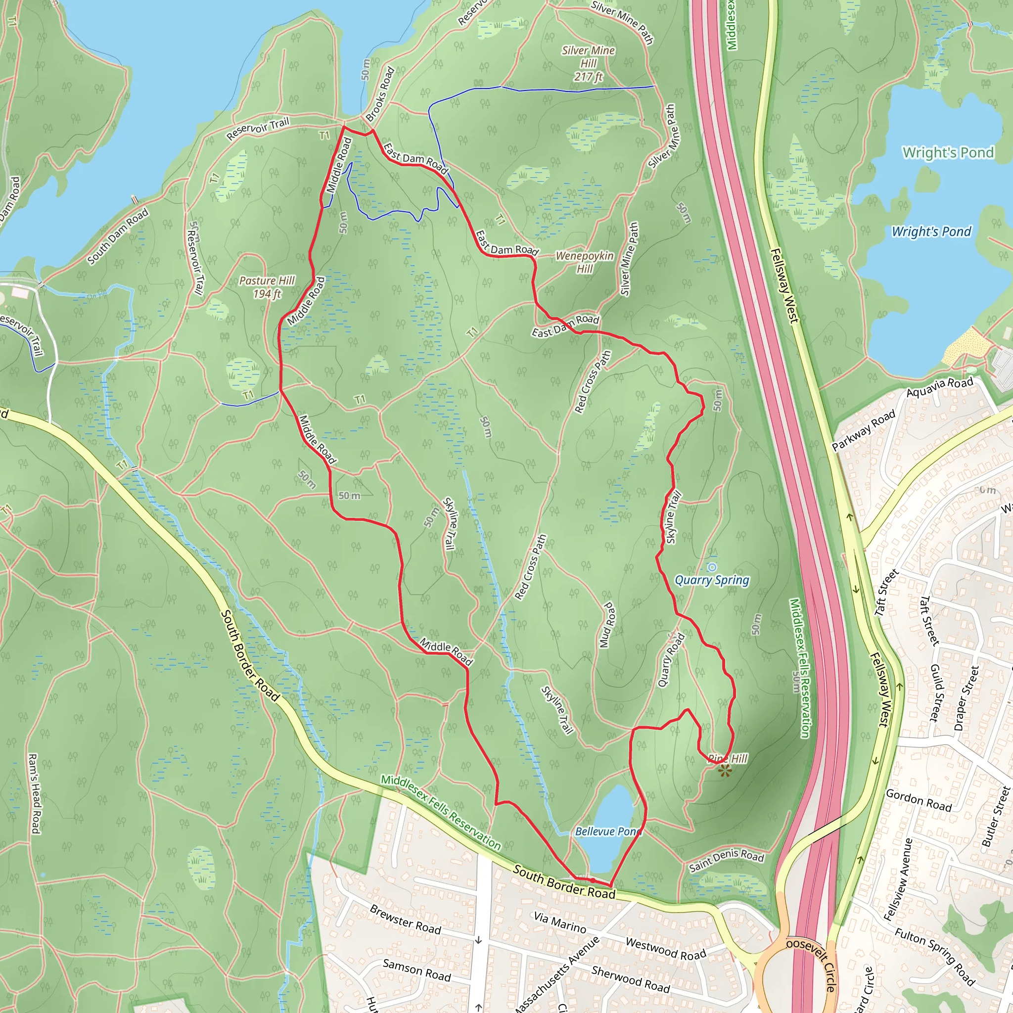 Pine Hill, Skyline Trail and Middle Road Loop via Bellevue Pond mobile static map