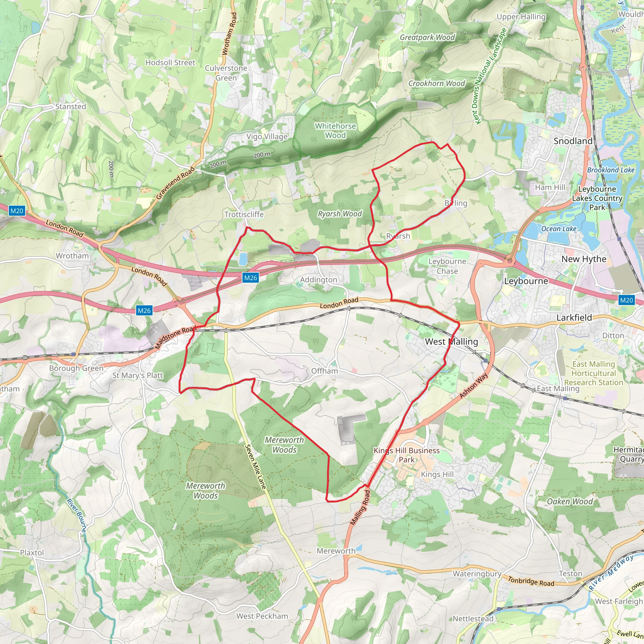 Mereworth Woods and Ryarsh Wood via Lord's Walk and Windmill Hill mobile static map