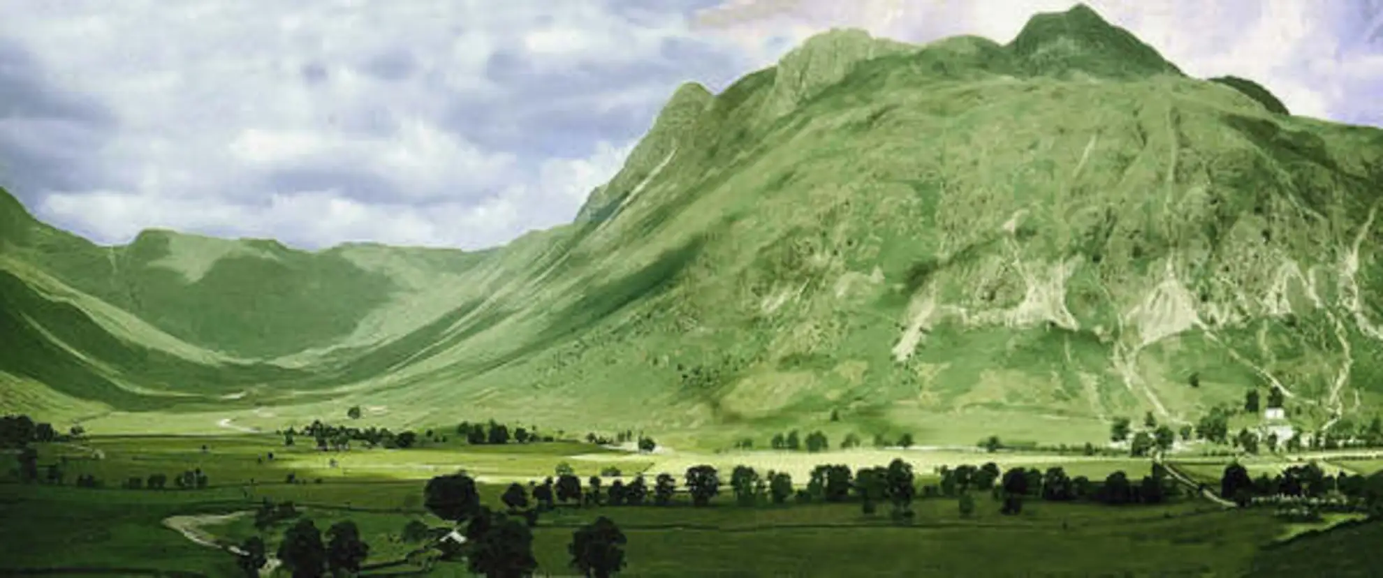 An image depicting the trail Langdale Pikes and Pike of Stickle from Rossett and its surrounding area.