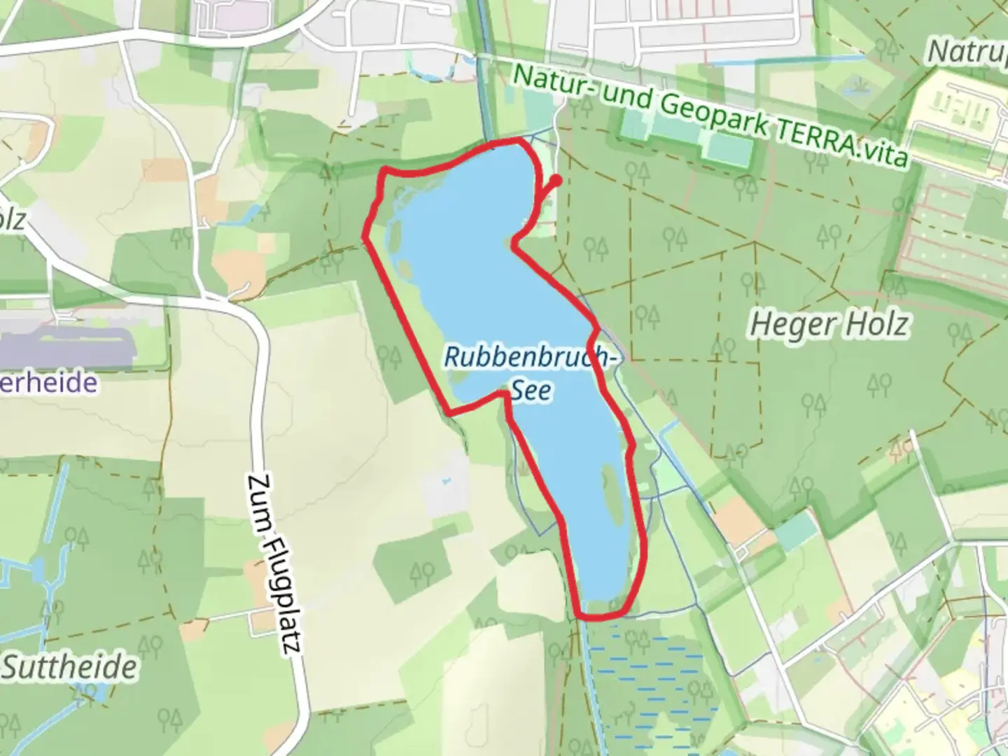 An image depicting the trail Rubbenbruch See Loop via Osnabrücker Ringweg and its surrounding area.