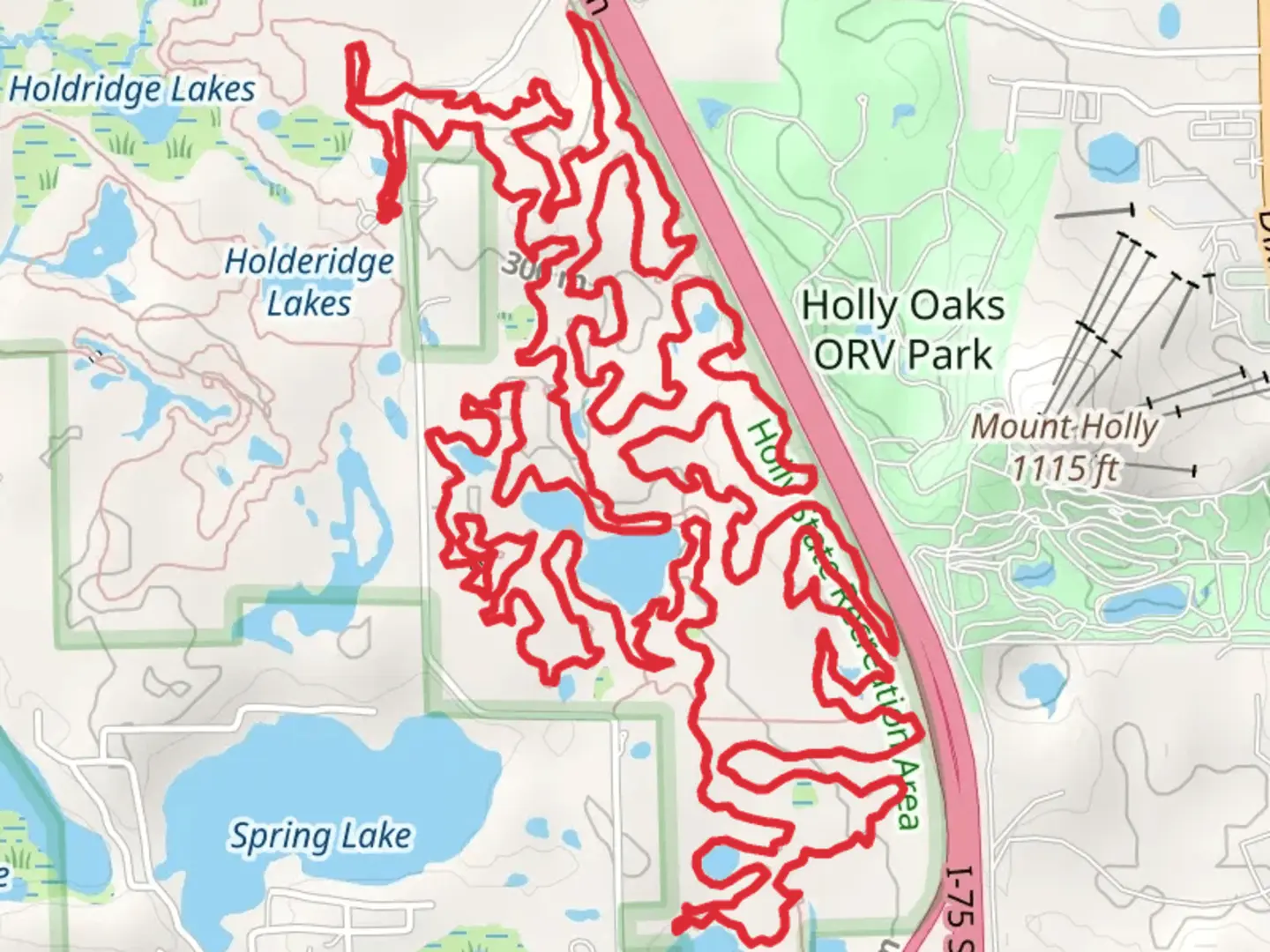 An image depicting the trail East Loop -Gruber's Grinder, North Loop and East Loop - Meadows and its surrounding area.