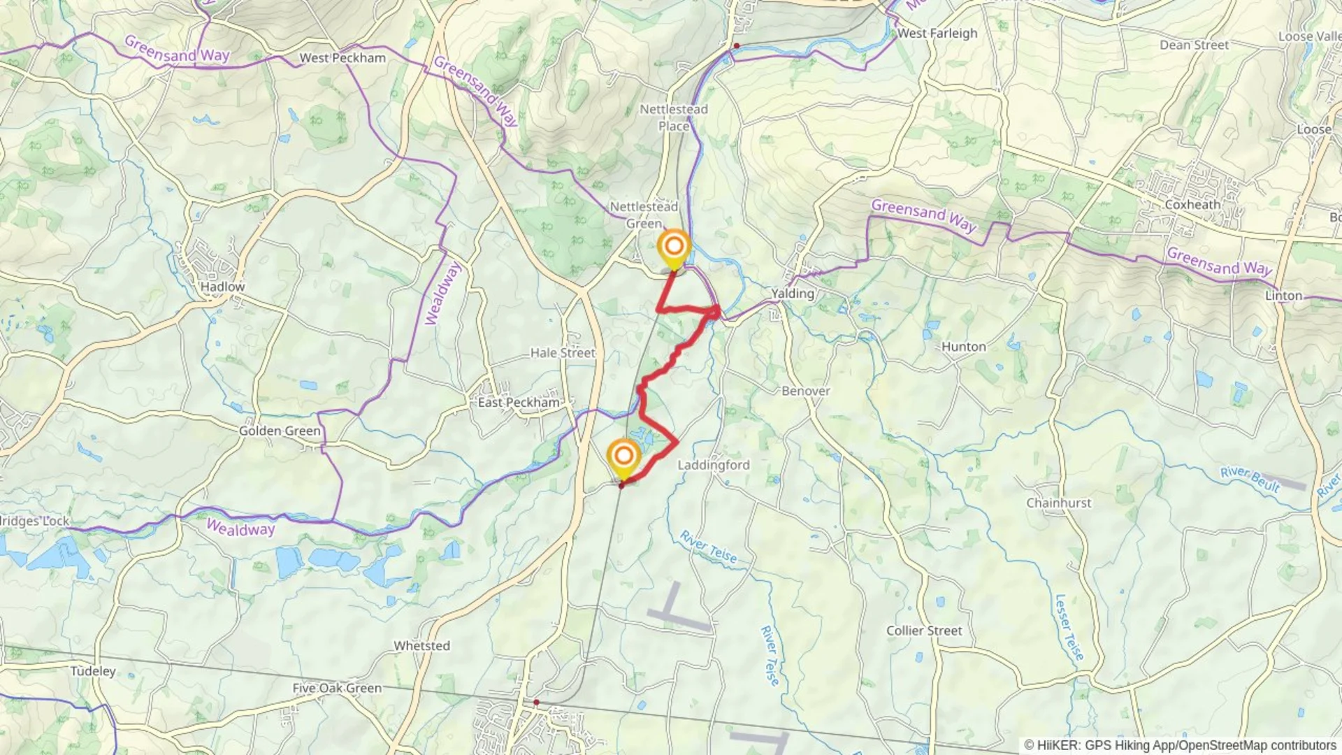 An image depicting the trail Beltring to Yalding via River Medway and its surrounding area.