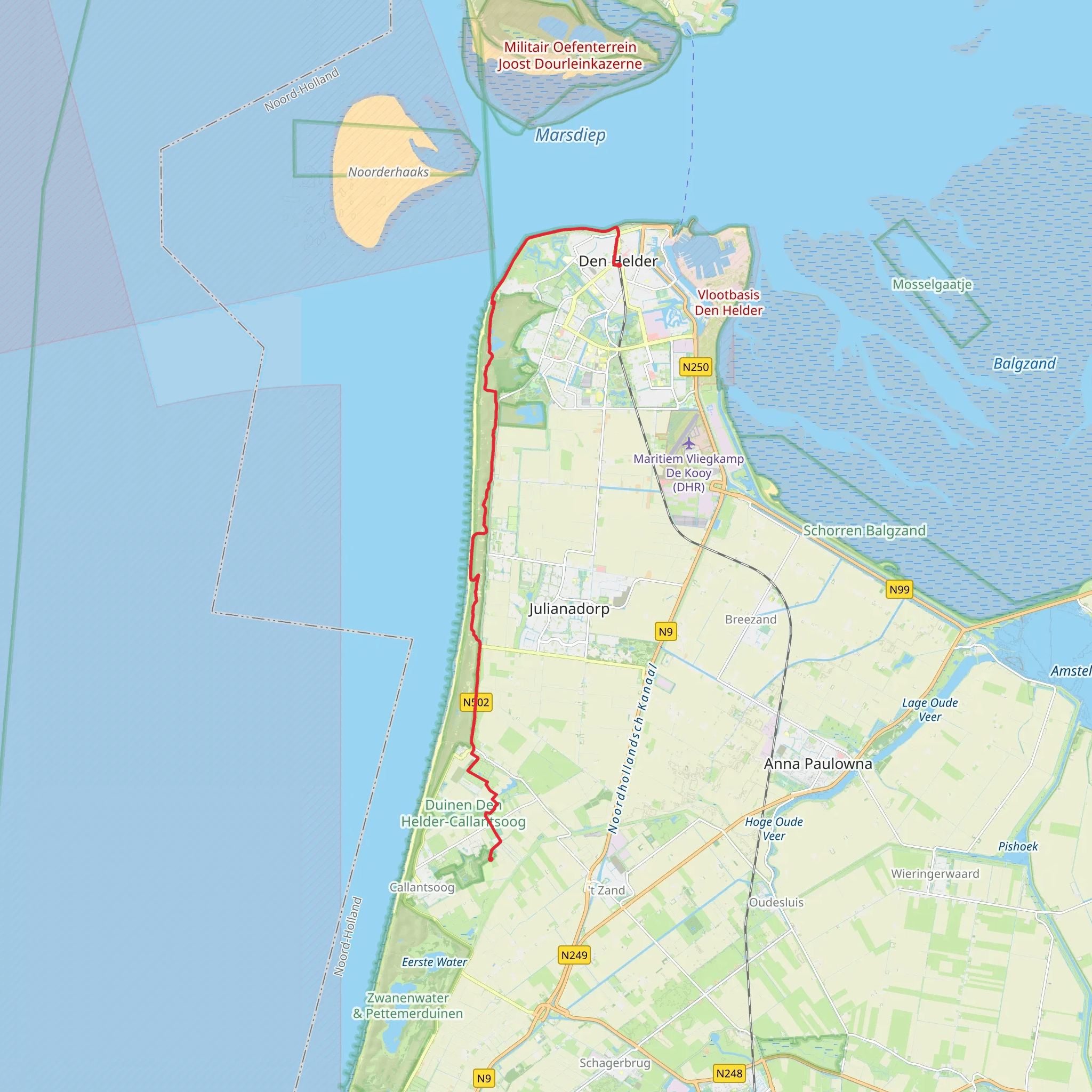 Den Helder to De Nollen Camp via Noord Duinen and Helderse Zeekering mobile static map