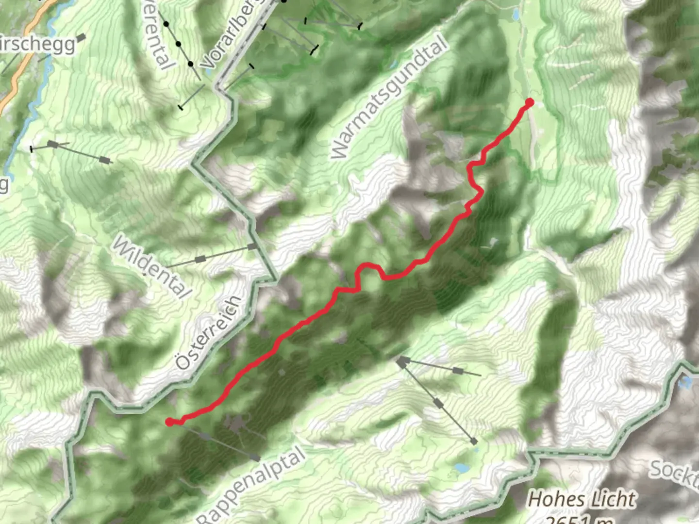 An image depicting the trail Birgsau to Mindelheimer Huette Via Alpina Red and its surrounding area.