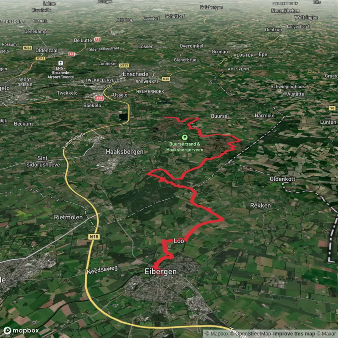 An image depicting the trail Eibergen to Buurserzand via Haaksbergerveen and its surrounding area.