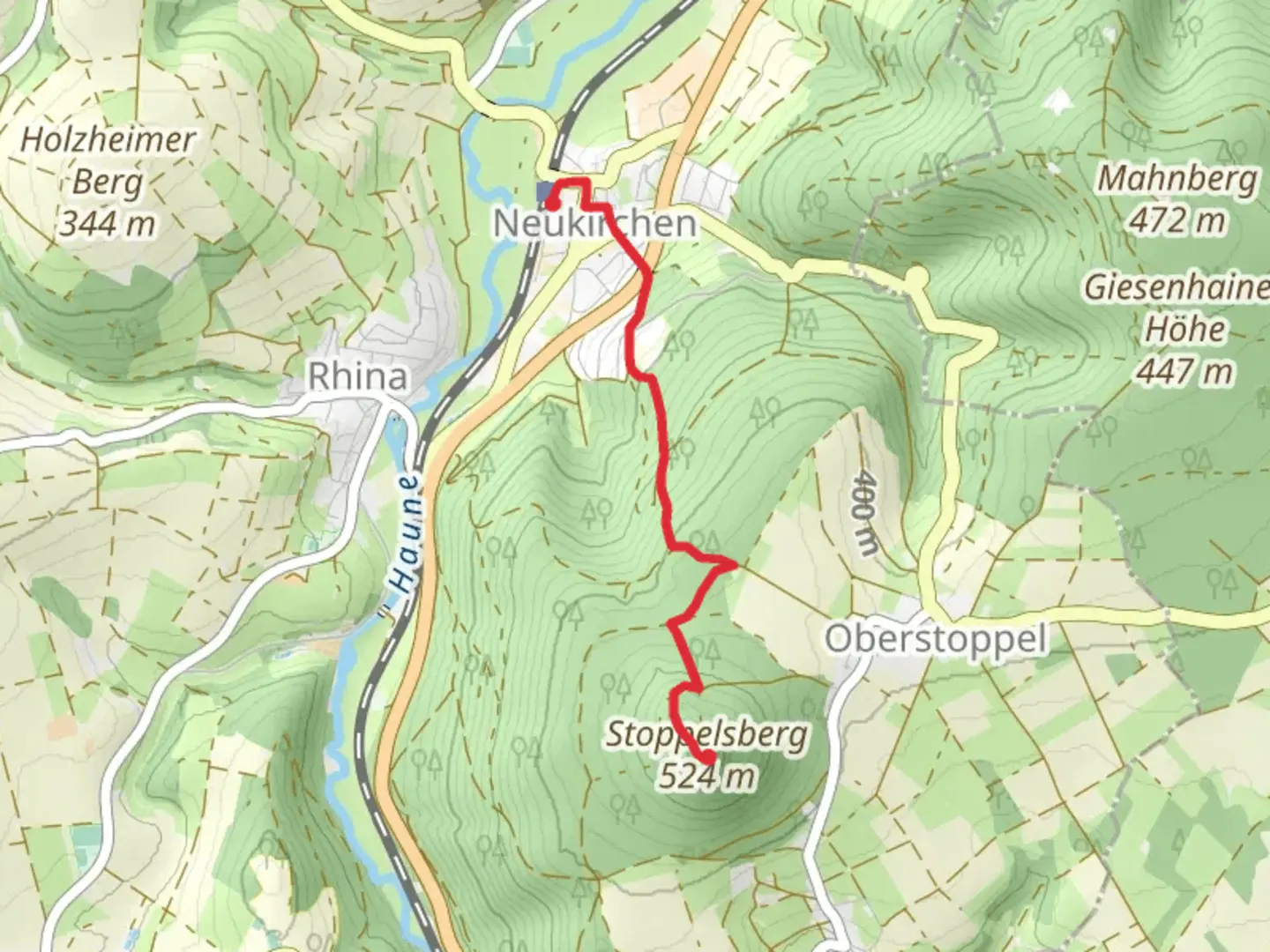 An image depicting the trail Stoppelsberg and Burgruine Hauneck Walk via Kagelspielweg and its surrounding area.
