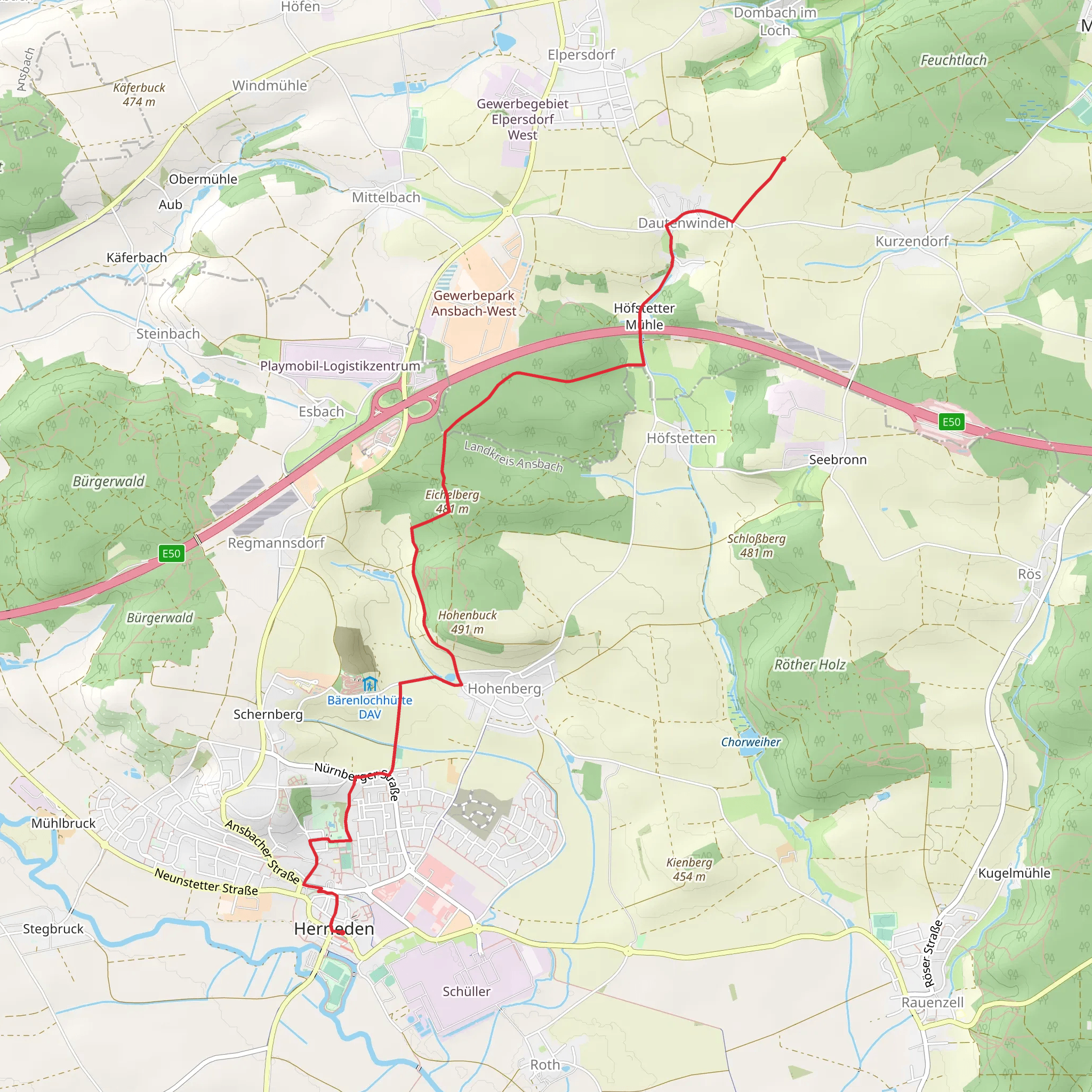 Herrieden to Dautenwinden via Eichelberg mobile static map
