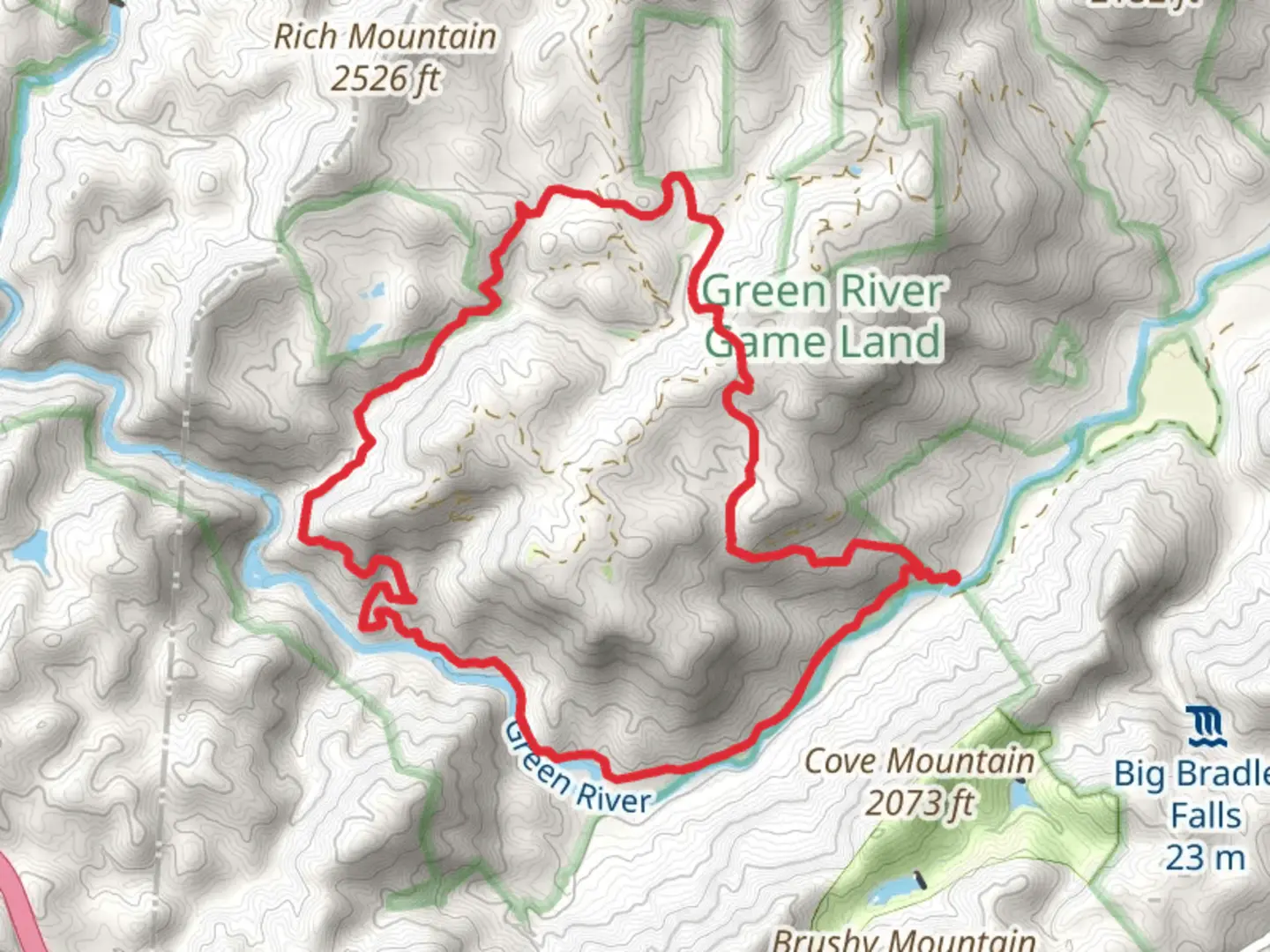 An image depicting the trail Bluff, Pulliam Creek and Green River Cove Loop Trail and its surrounding area.