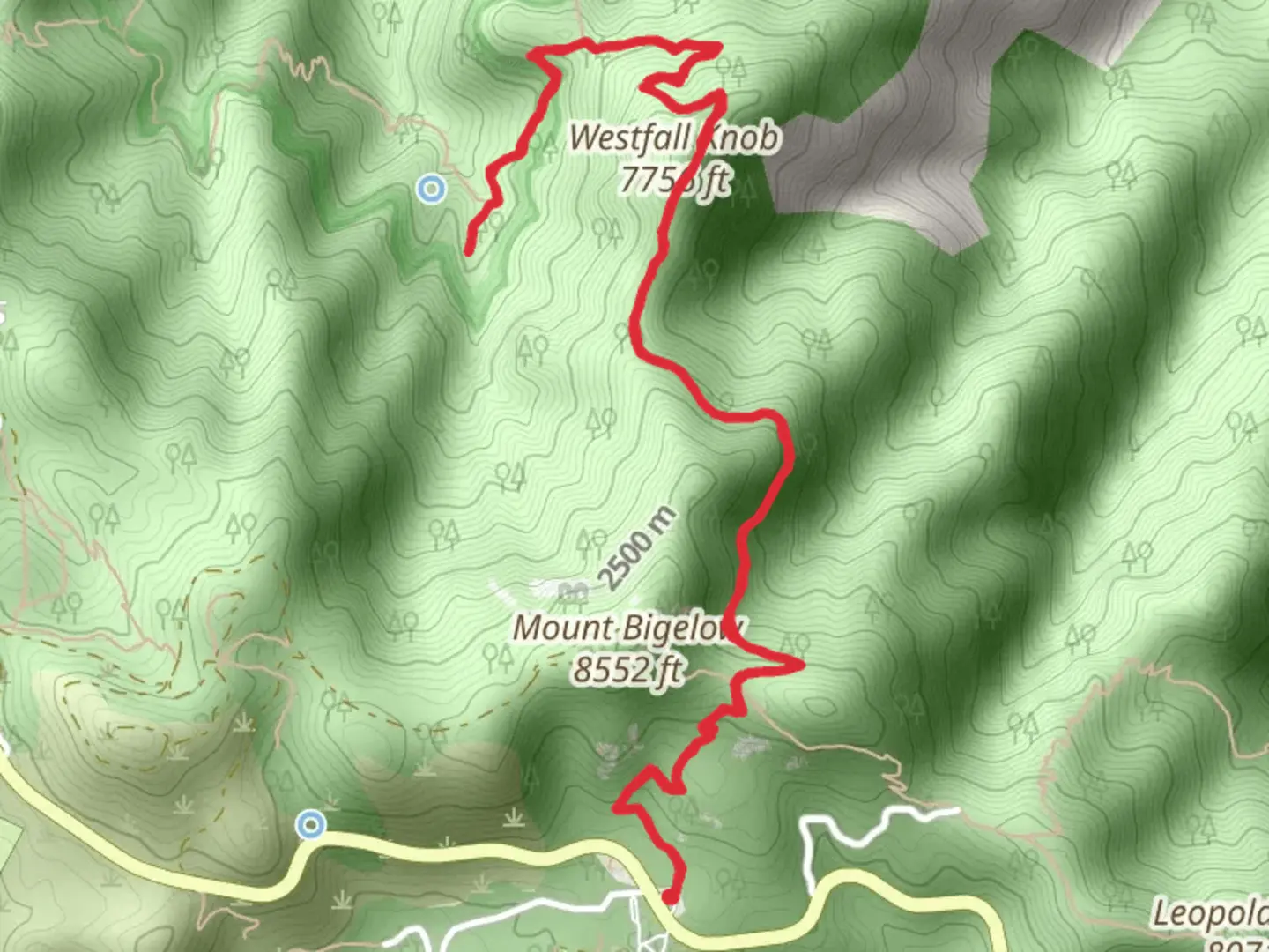 An image depicting the trail Westfall Knob via Butterfly Trail and its surrounding area.