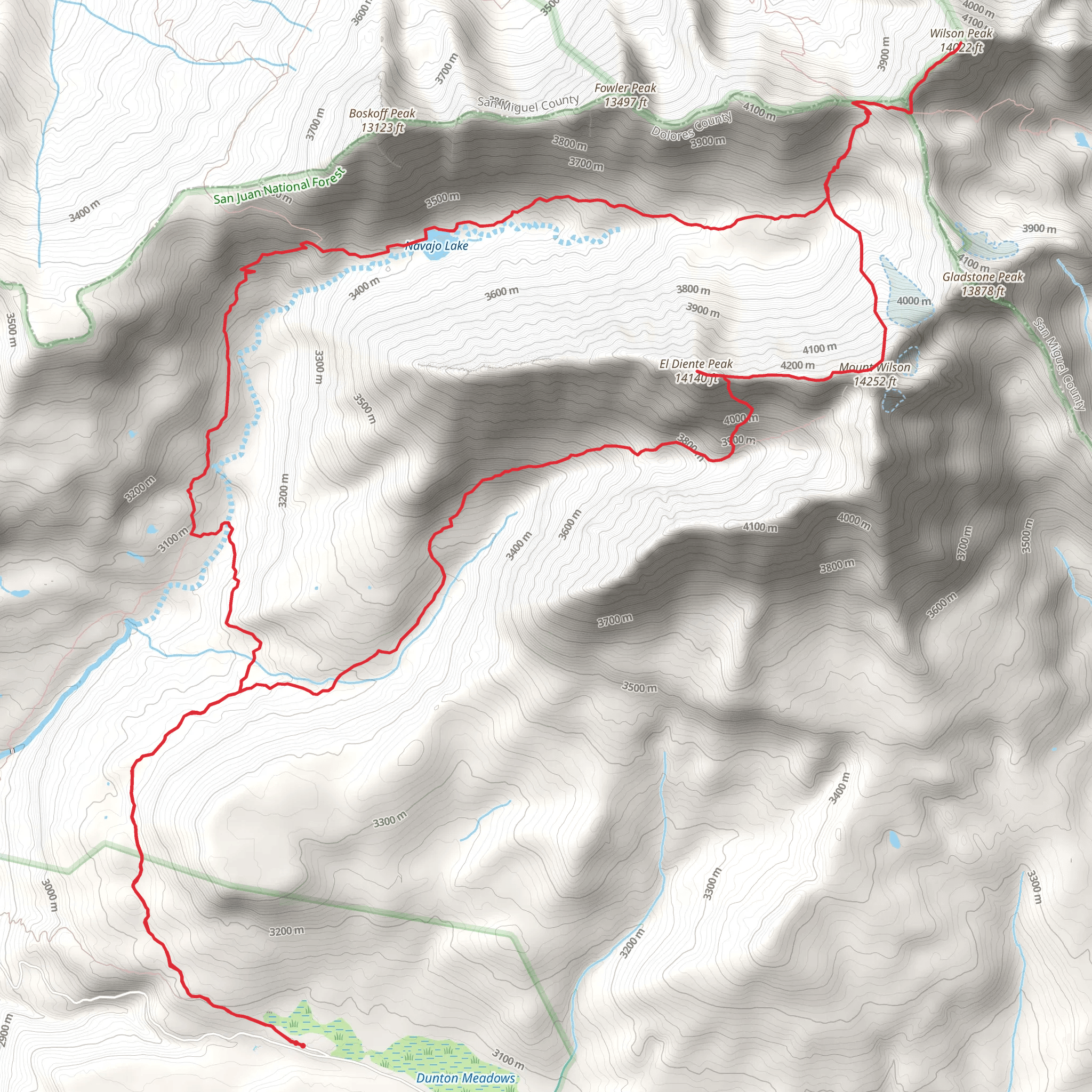 El Diente Peak, Wilson Peak and Navajo Lake via Kilpacker Basin and Navajo Lake Trail mobile static map