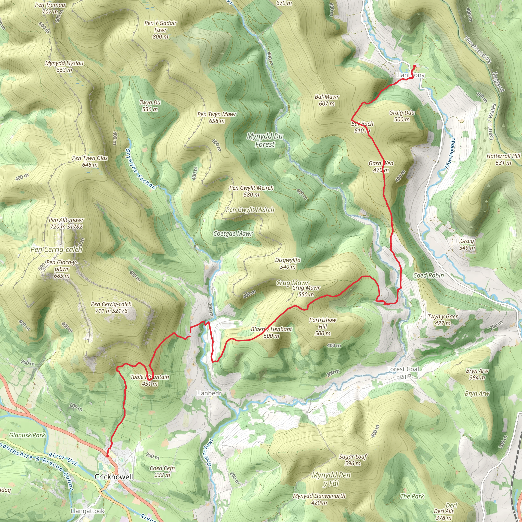 Llanthony to Crickhowell mobile static map