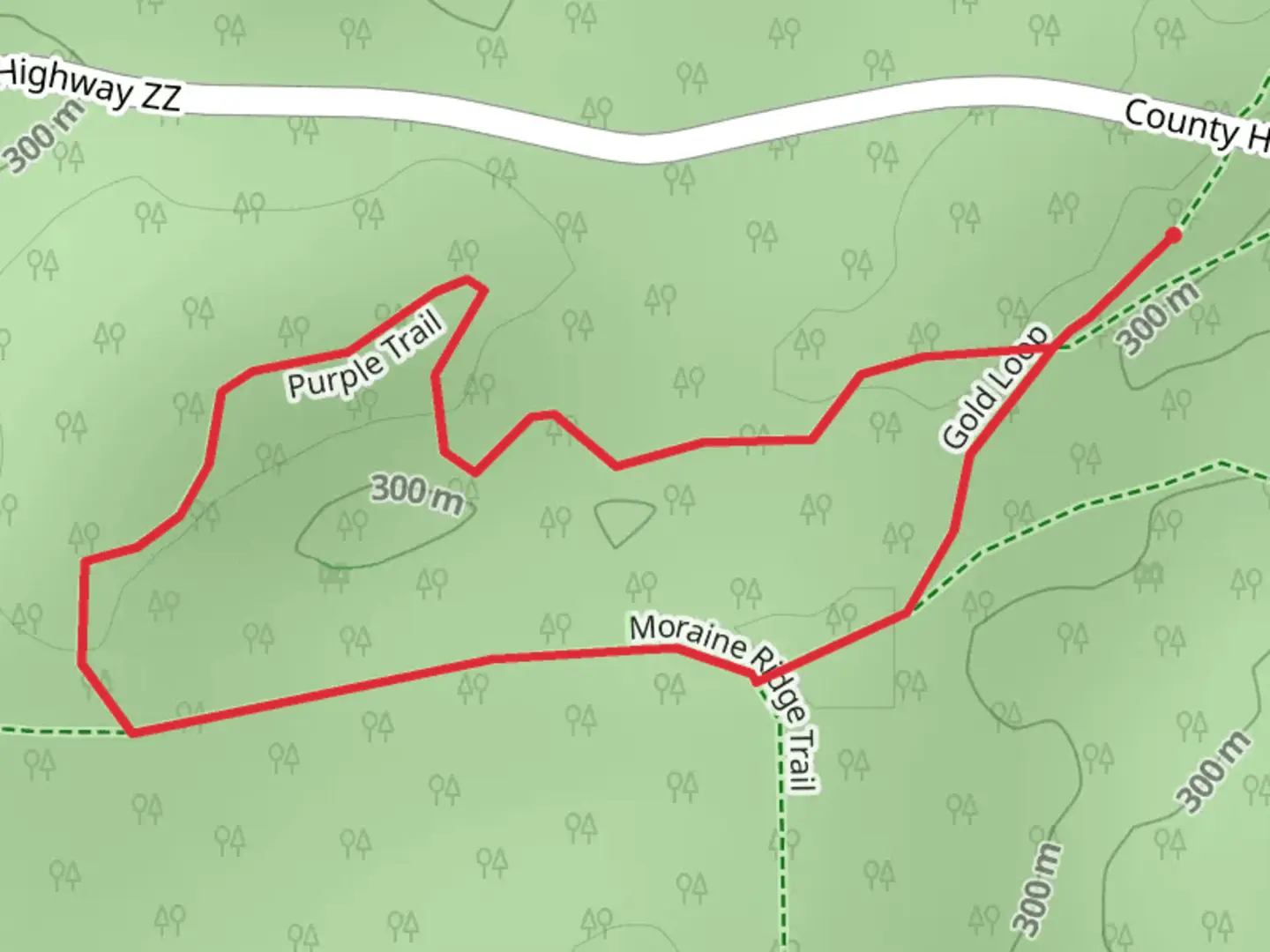 An image depicting the trail Purple Loop and its surrounding area.