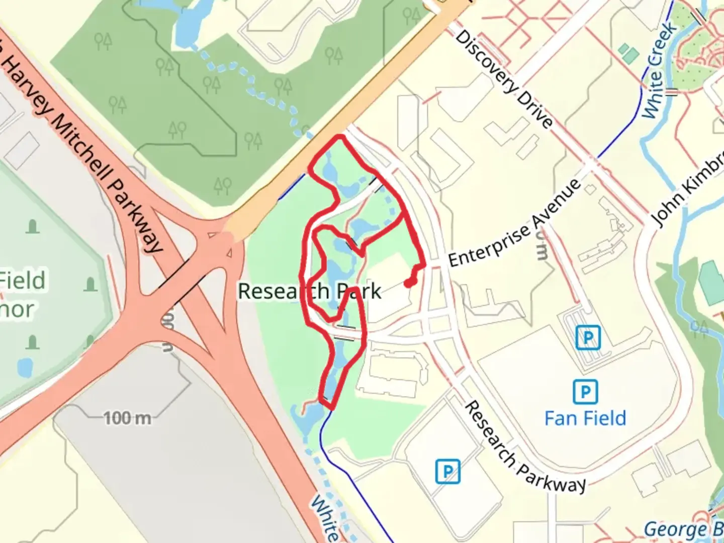 An image depicting the trail Research Park Loop and its surrounding area.