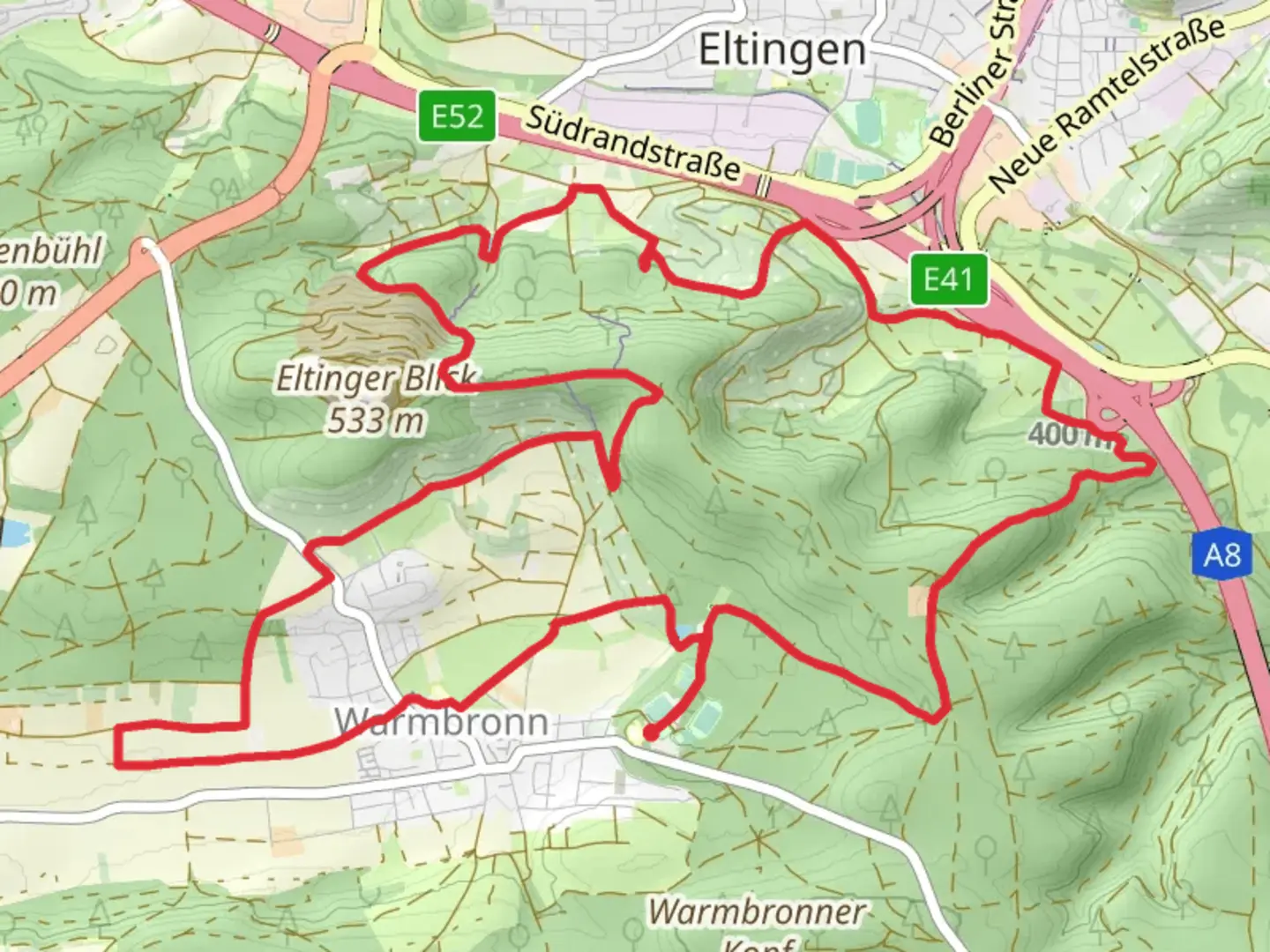 An image depicting the trail Warmbronn and Obere Feinau Loop and its surrounding area.