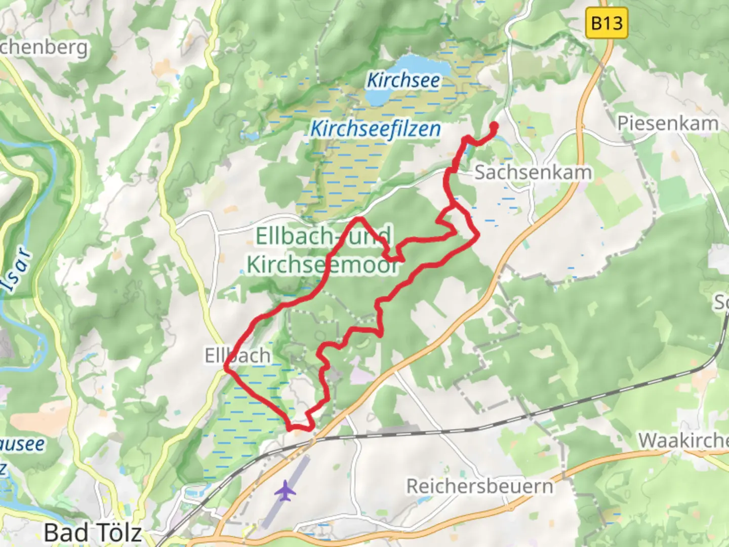 An image depicting the trail Grotzerholz and Ellbach Loop - Sachsenkam and its surrounding area.