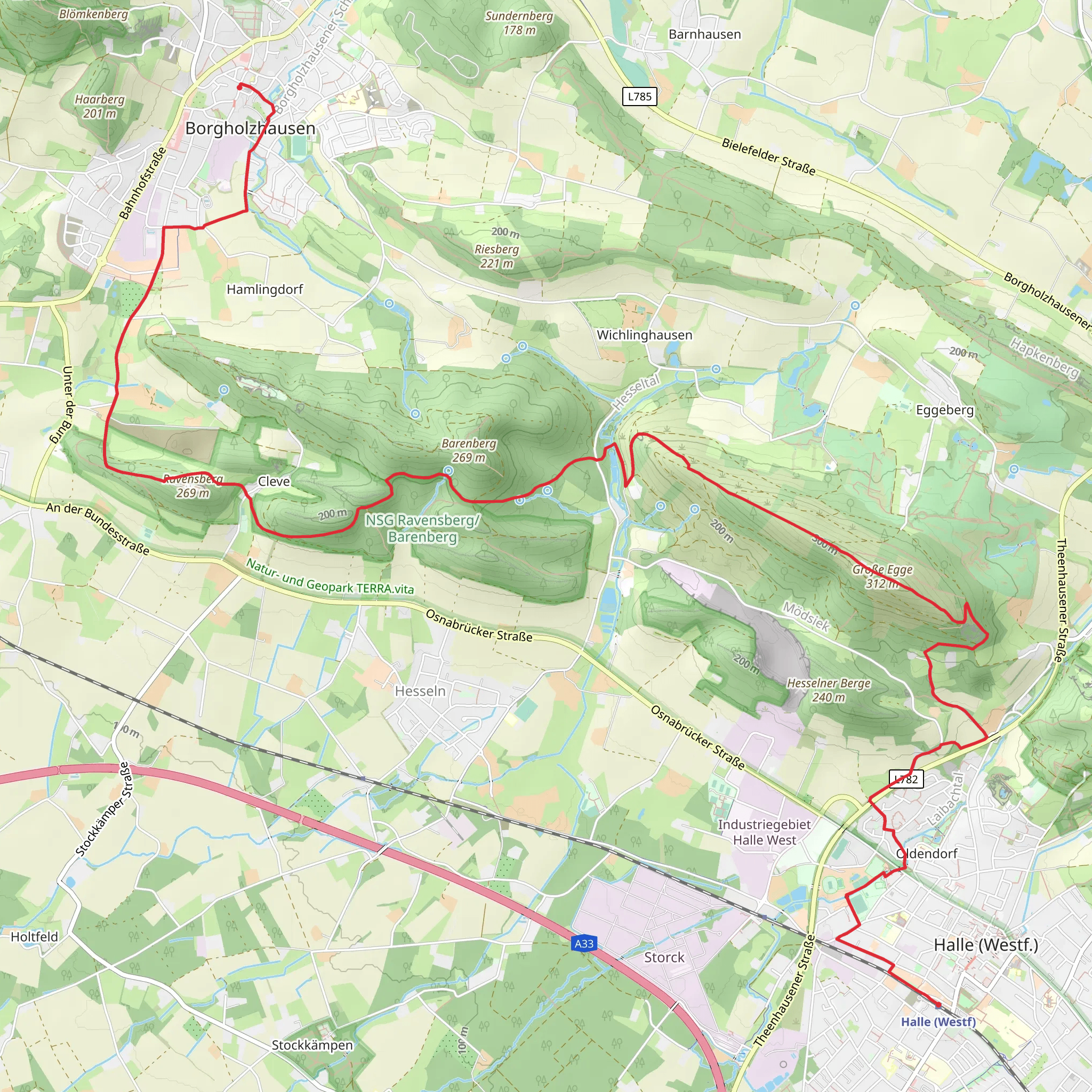 Halle to Borgholzhausen via Barenberg Runde and Entdecker Weg mobile static map