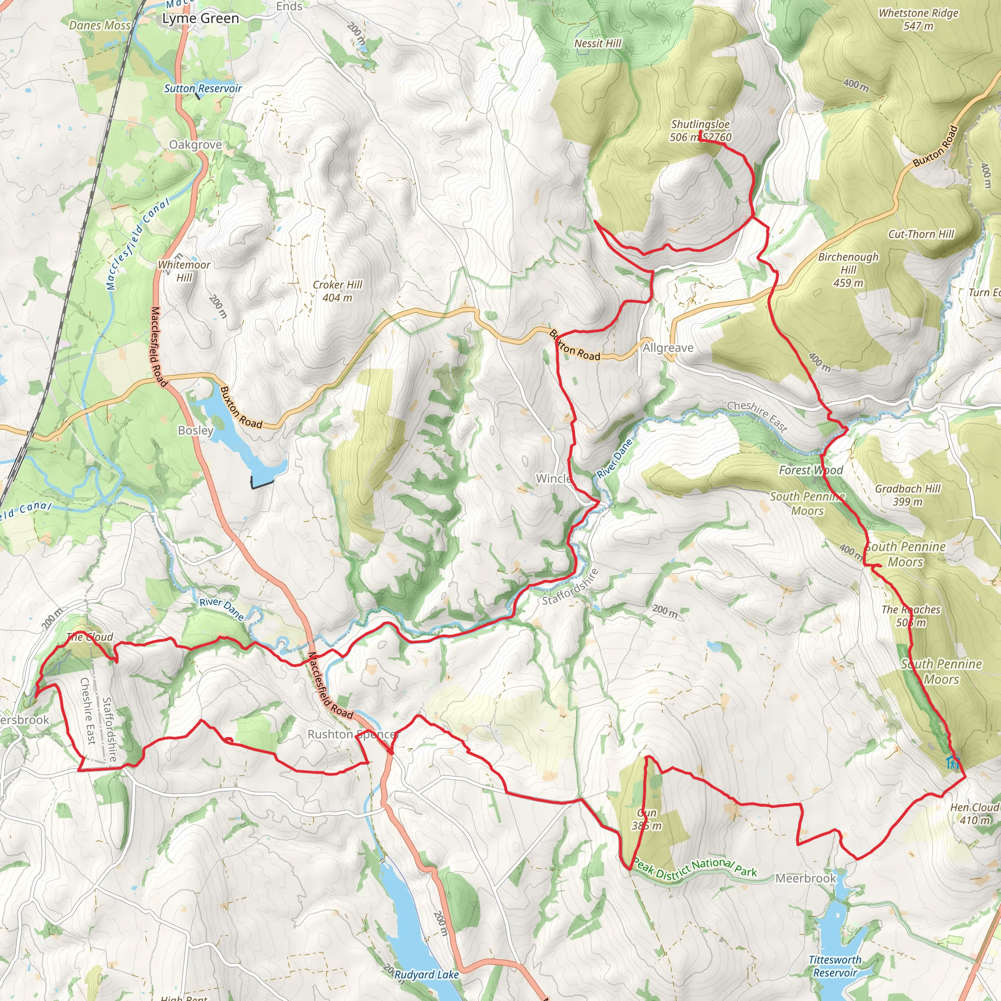 Four Trigs Loop from Rushton Spencer - Staffordshire mobile static map