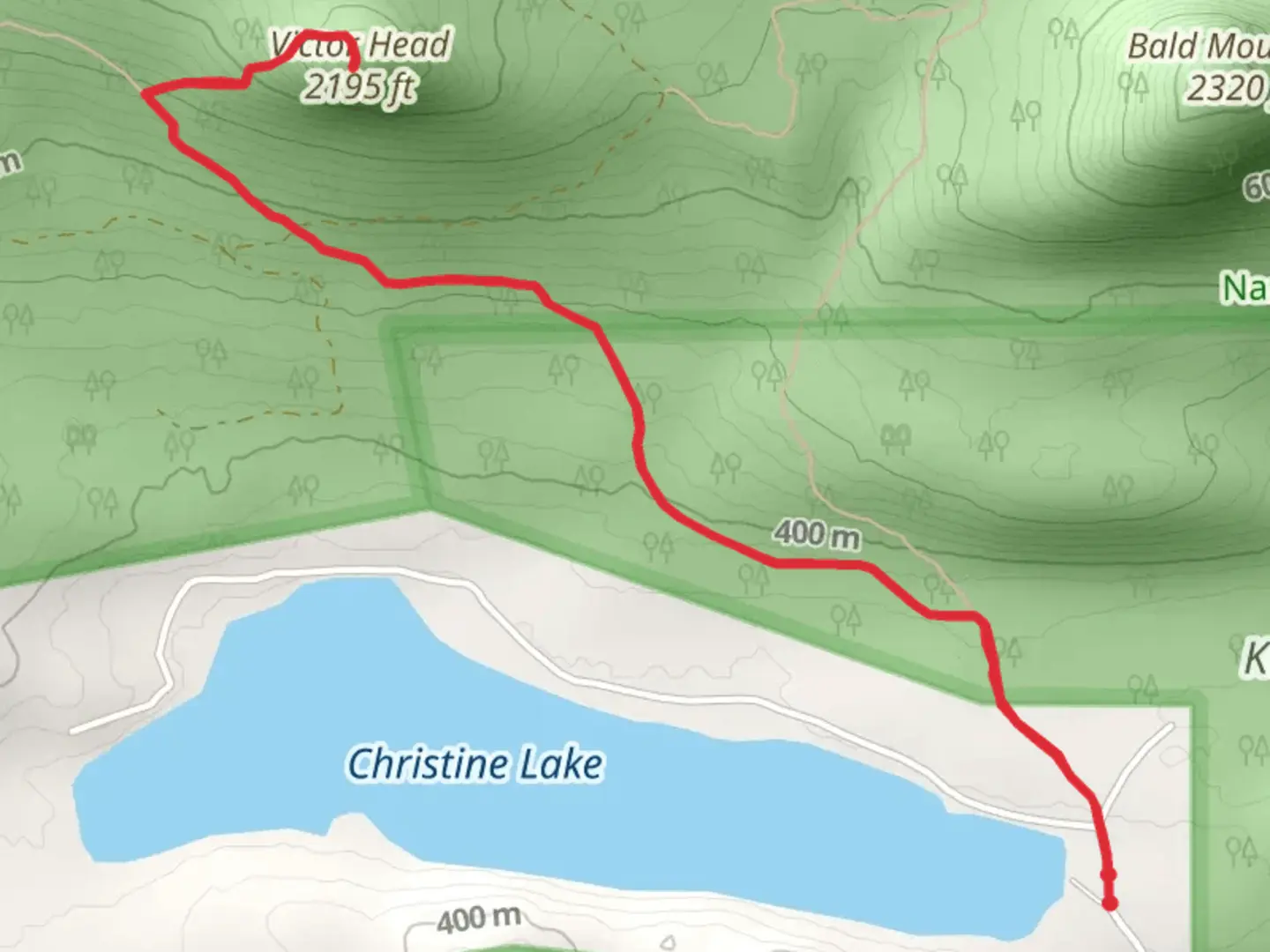 An image depicting the trail Victor Head Trail from Christine Lake and its surrounding area.