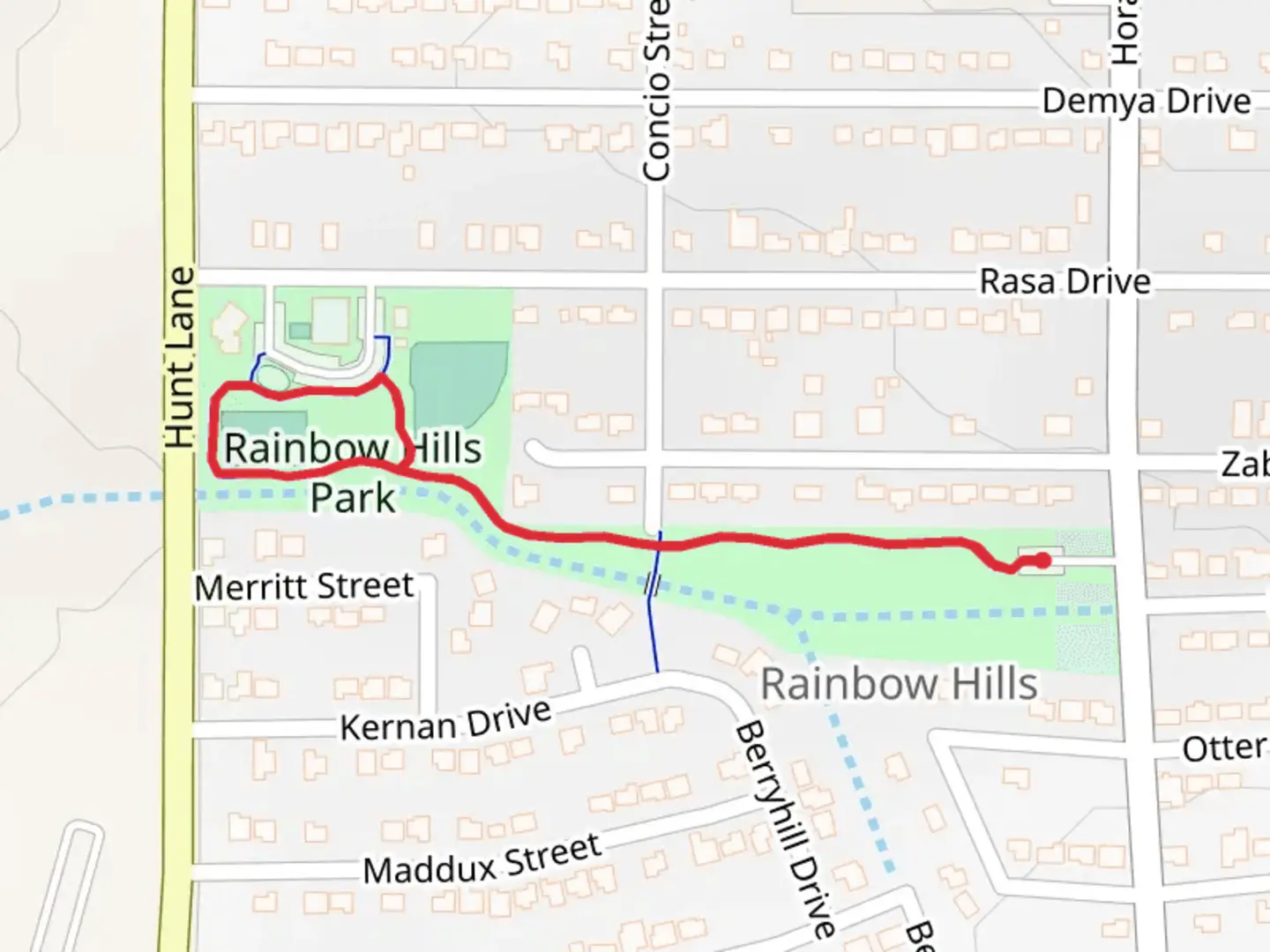 An image depicting the trail Rainbow Hills Park Loop and its surrounding area.